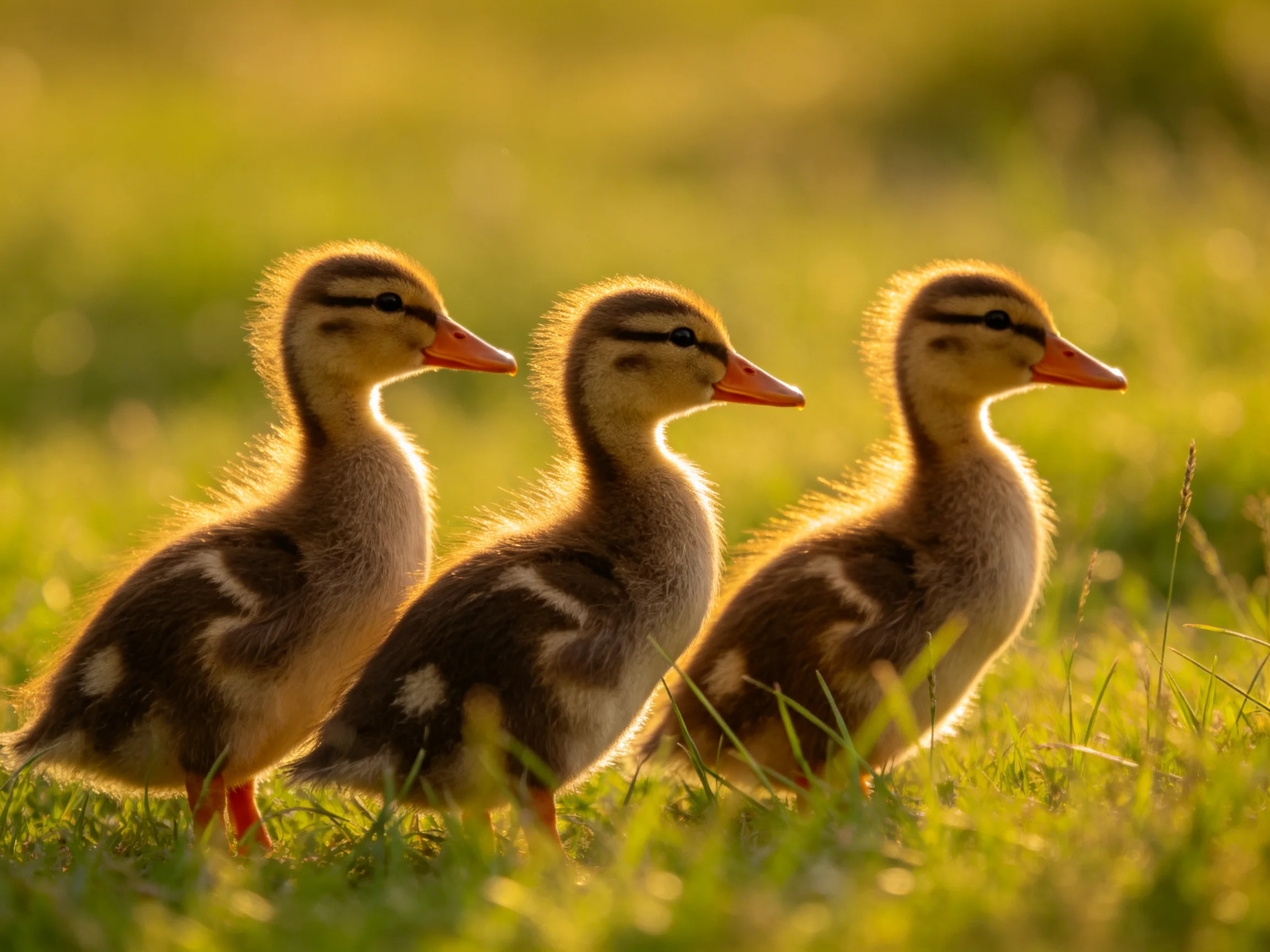 Three fluffy ducklings standing in sunlit green grass