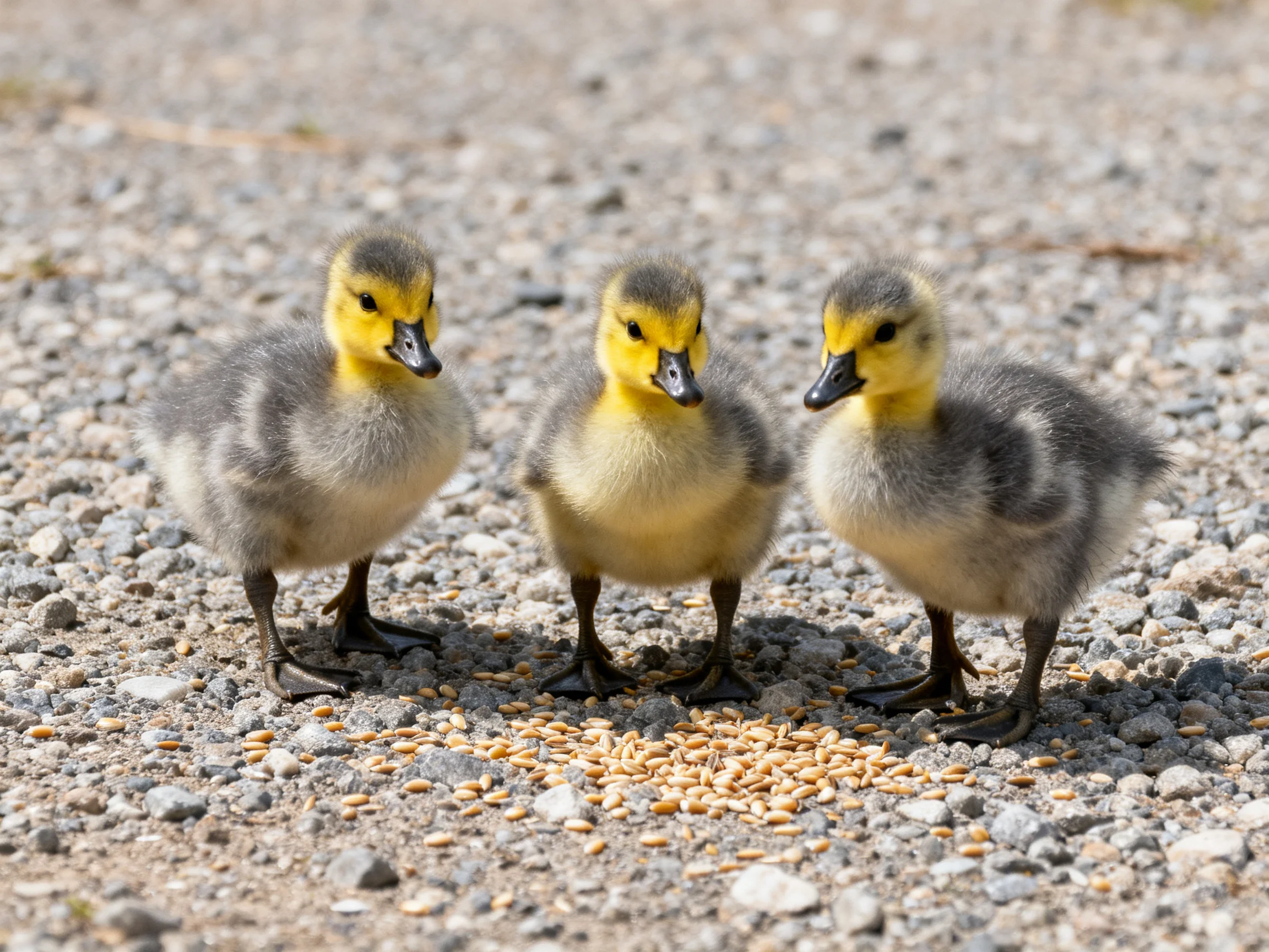 Three young goslings stand together on gravel with scattered seeds nearby.