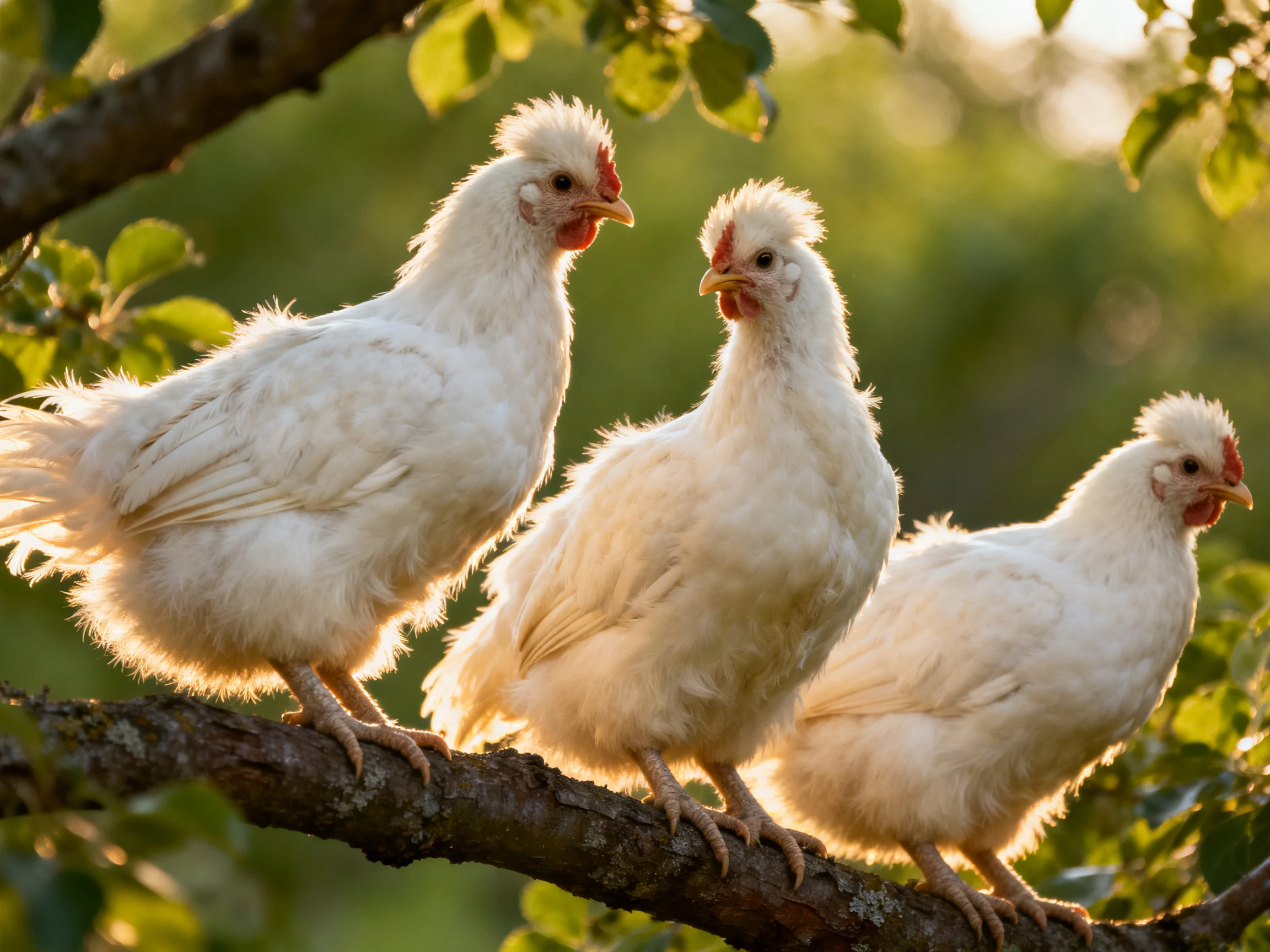 Three fluffy white chickens perch on a tree branch amid green foliage