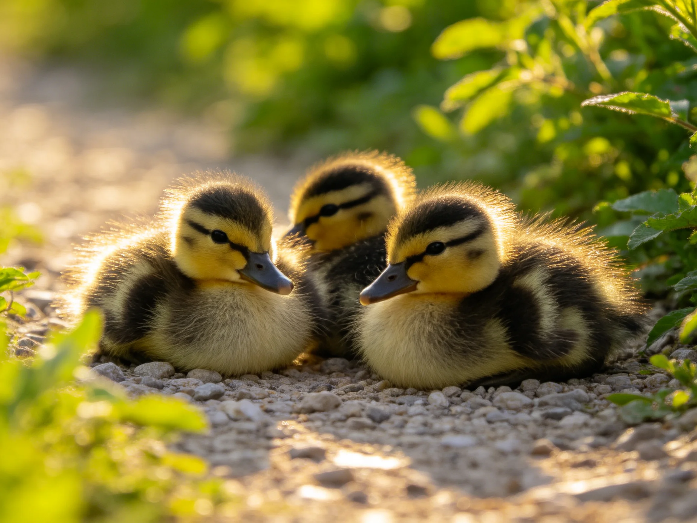 Three fluffy yellow-brown ducklings rest on pebbles near green foliage