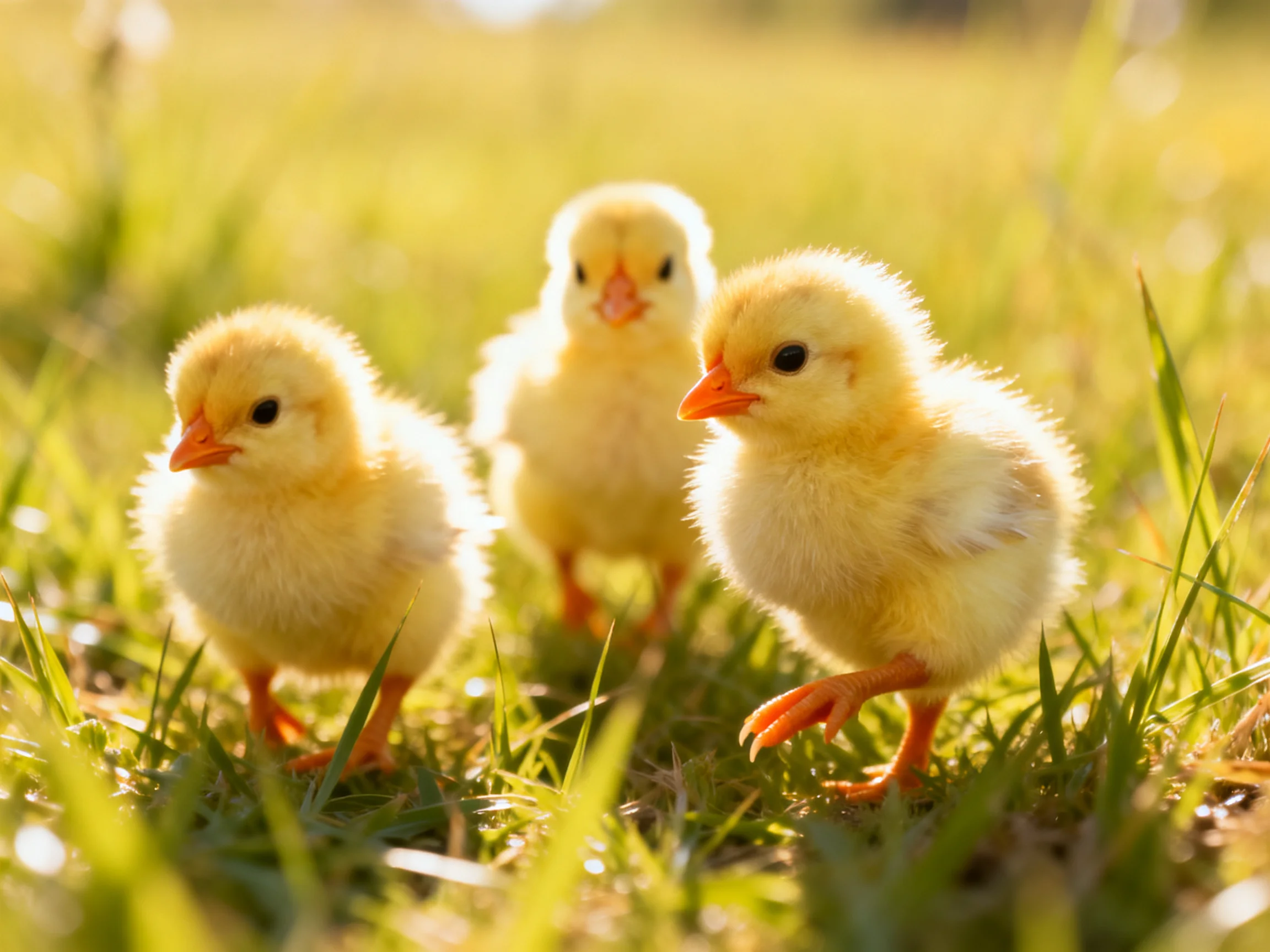 Three fluffy yellow chicks exploring a sunlit grassy field