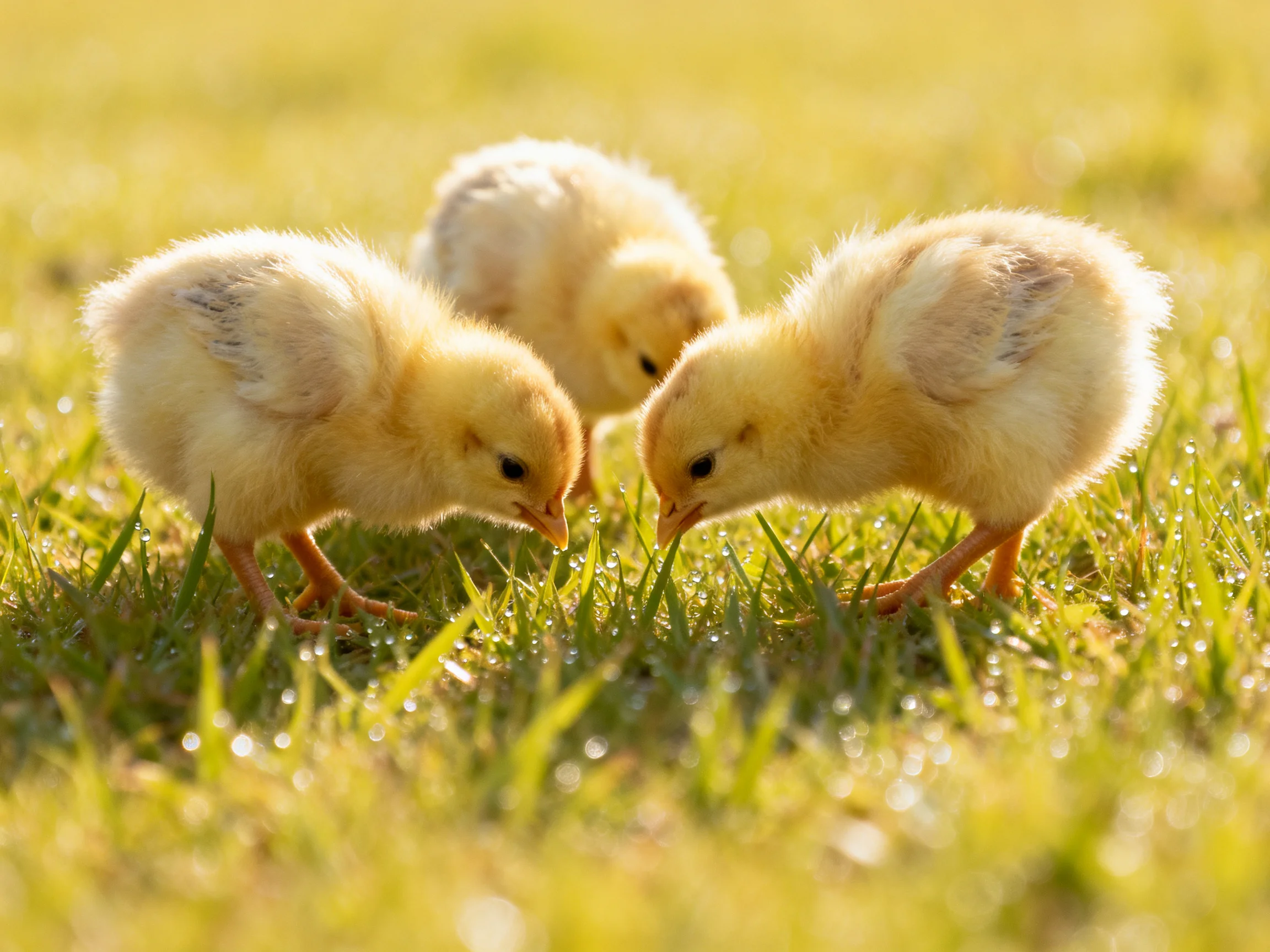 Three fluffy yellow chicks exploring dewy green grass