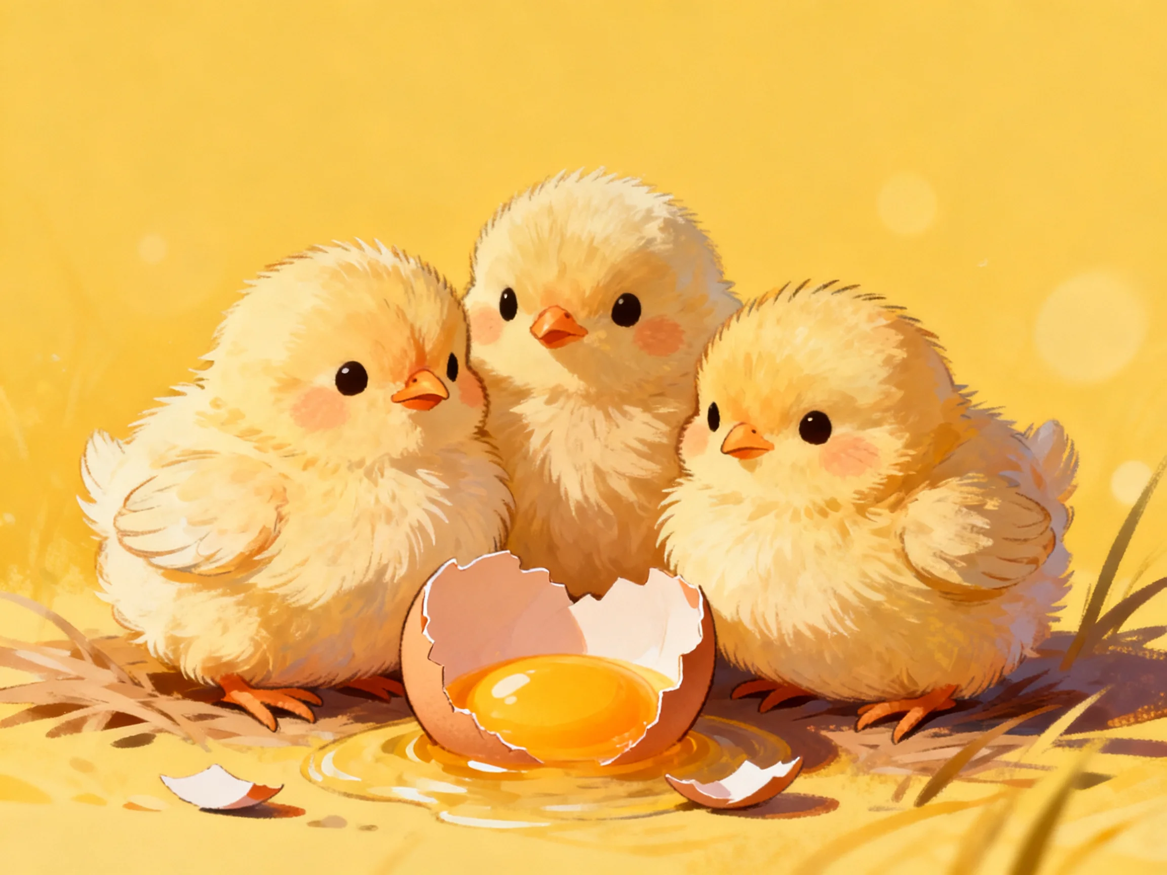 Three fluffy yellow chicks gather around a brokenegg on straw
