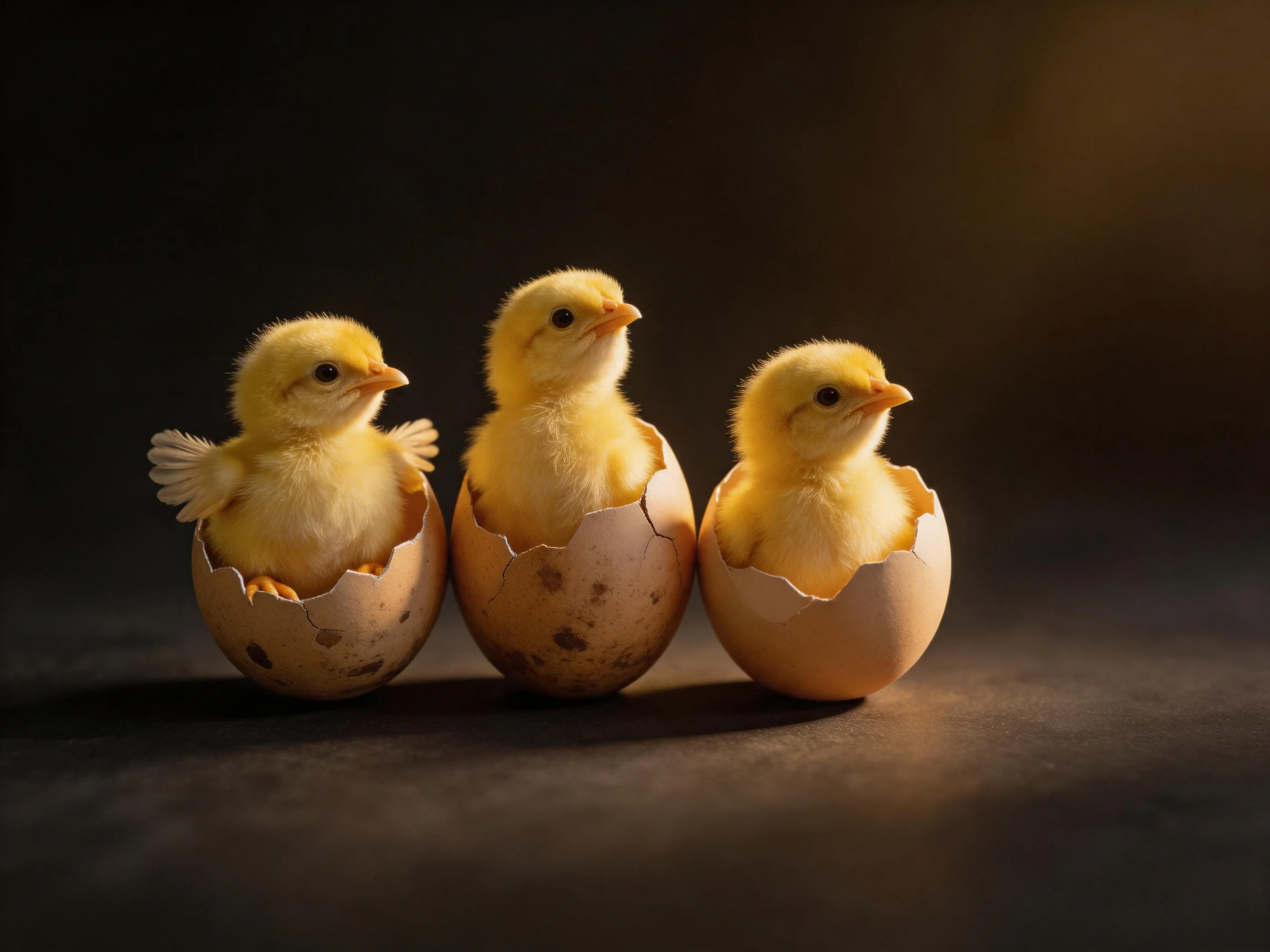 Three fluffy yellow chicks hatching from cracked brown eggshells