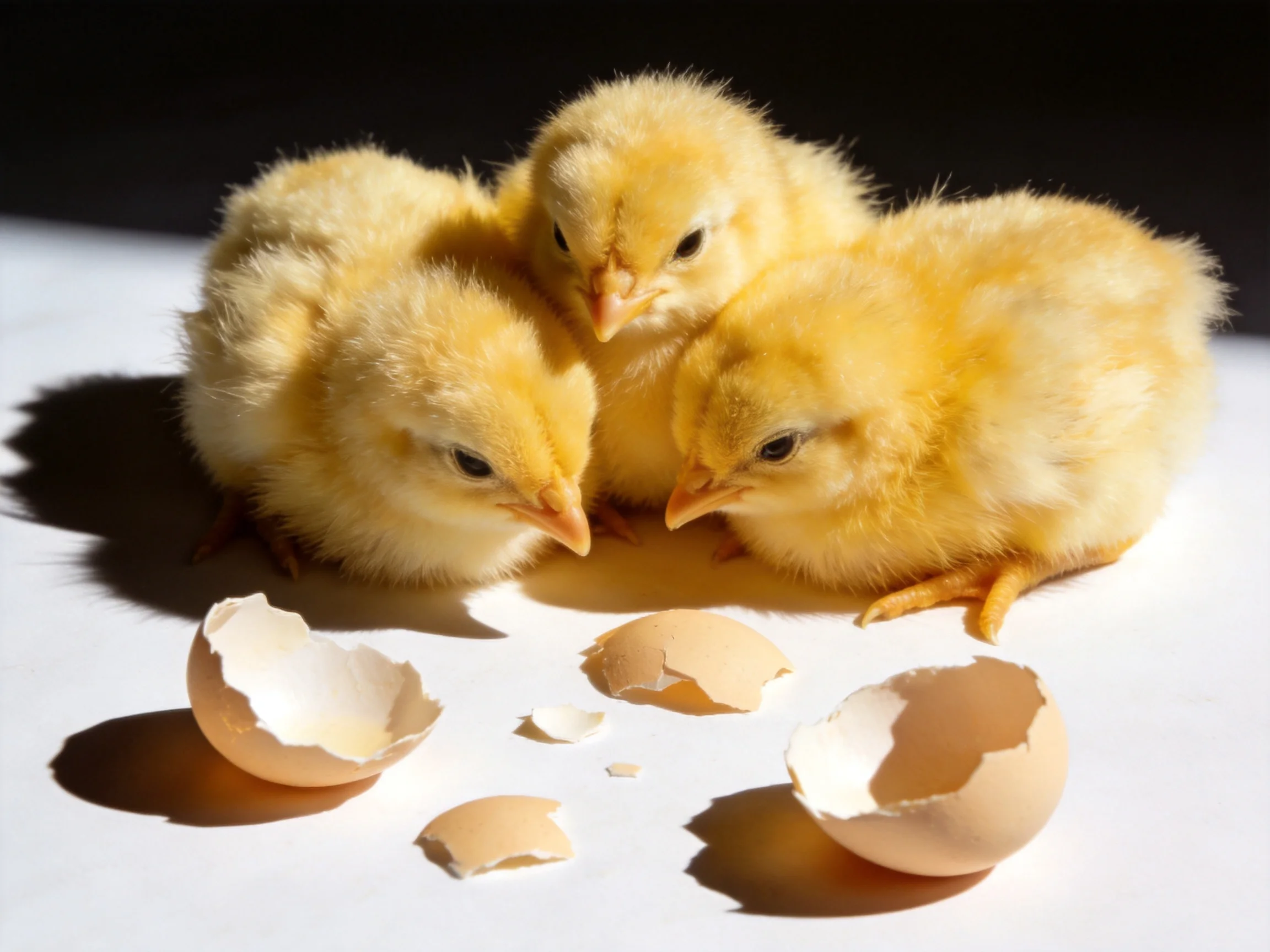 Three fluffy yellow chicks near broken eggshells on white surface