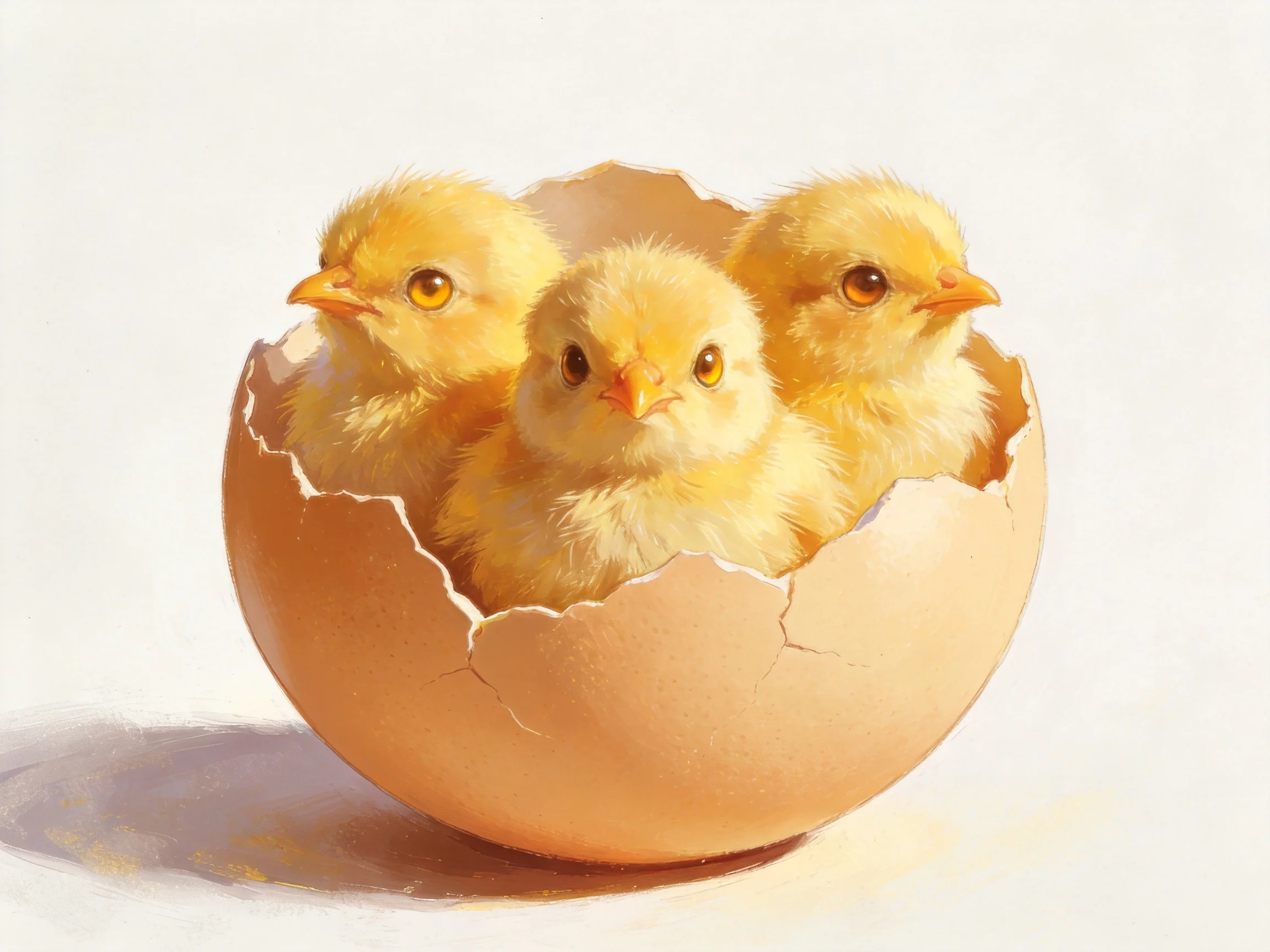 Three fluffy yellow chicks nestled inside a cracked brown eggshell