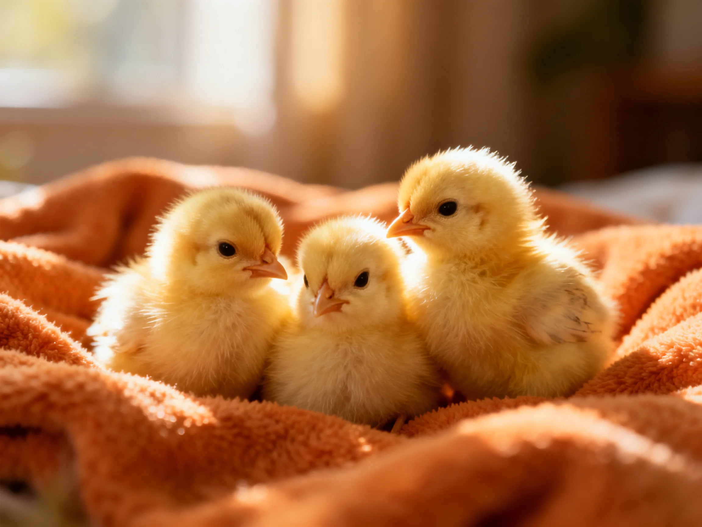Three fluffy yellow chicks nestled on an orange towel under warm sunlight