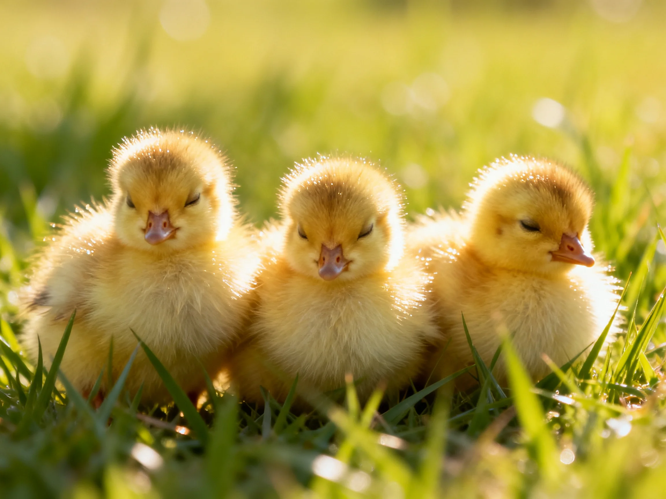 Three fluffy yellow ducklings resting in green grass