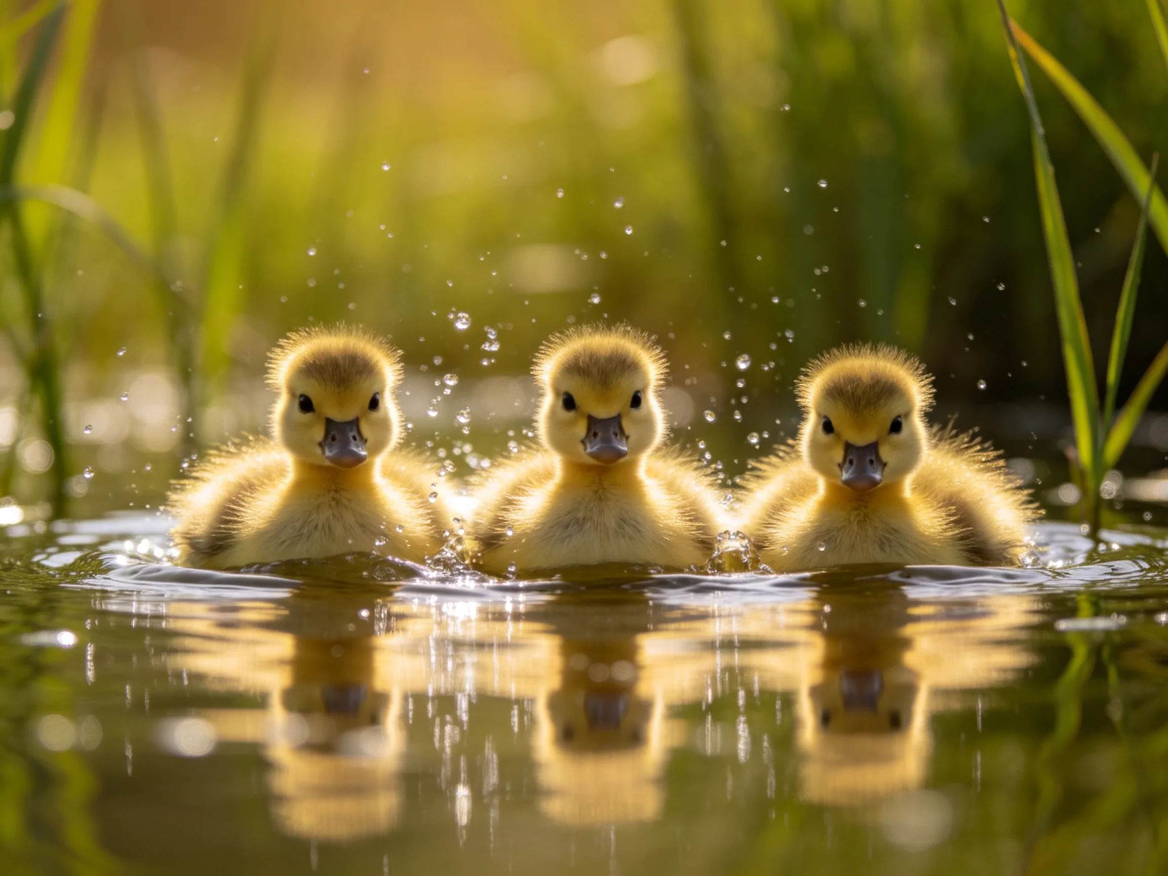 Three fluffy yellow ducklings swim in calm water near green reeds