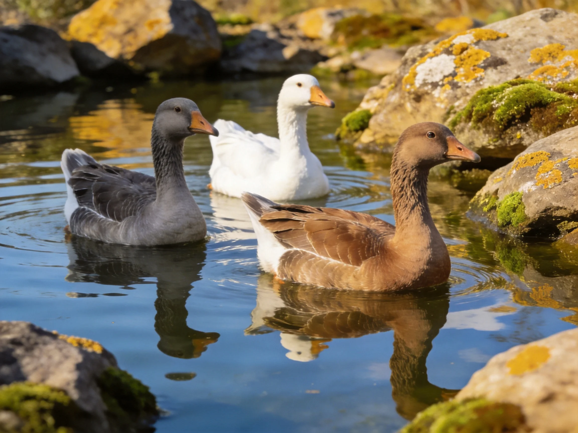 Three geese in gray, white, and brown swim amid mossy rocks