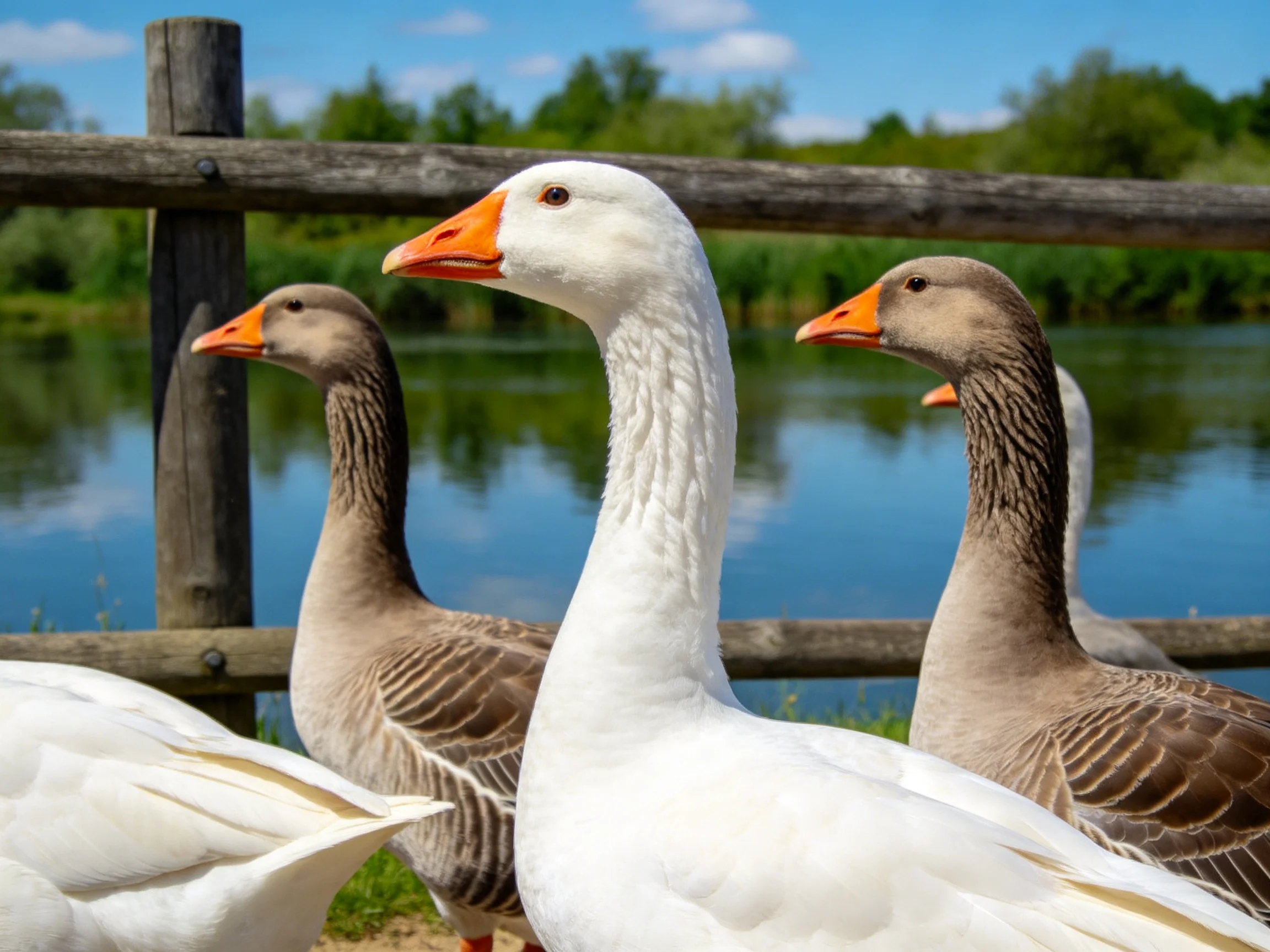 Three geese near a wooden fence by a blue pond