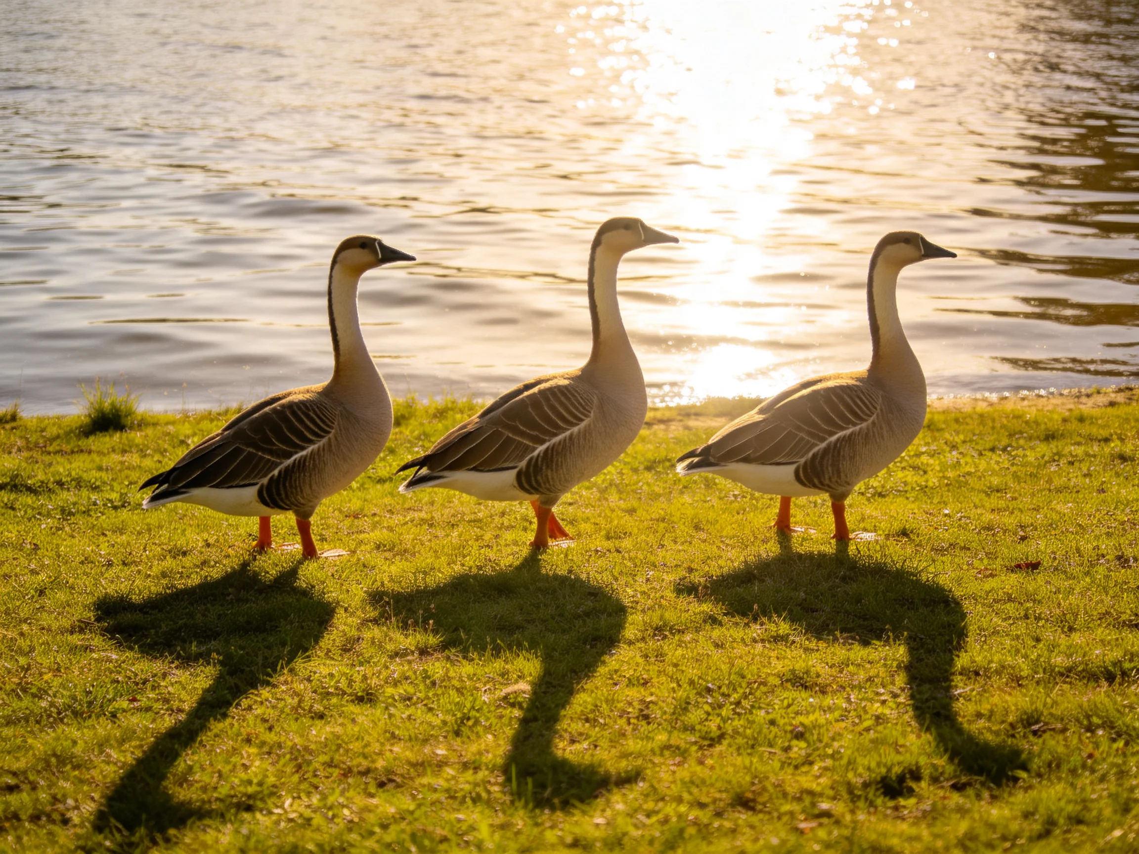 Three geese with brown and white plumage stand on green grass by water