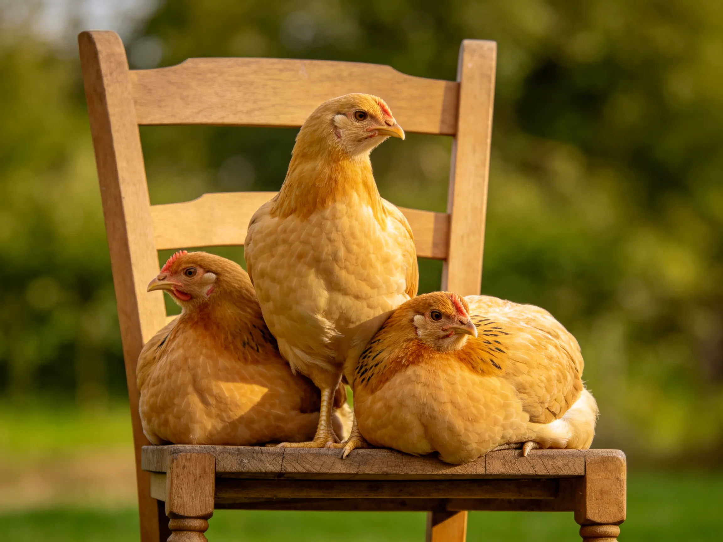 Three golden chickens resting on a wooden chair outdoors