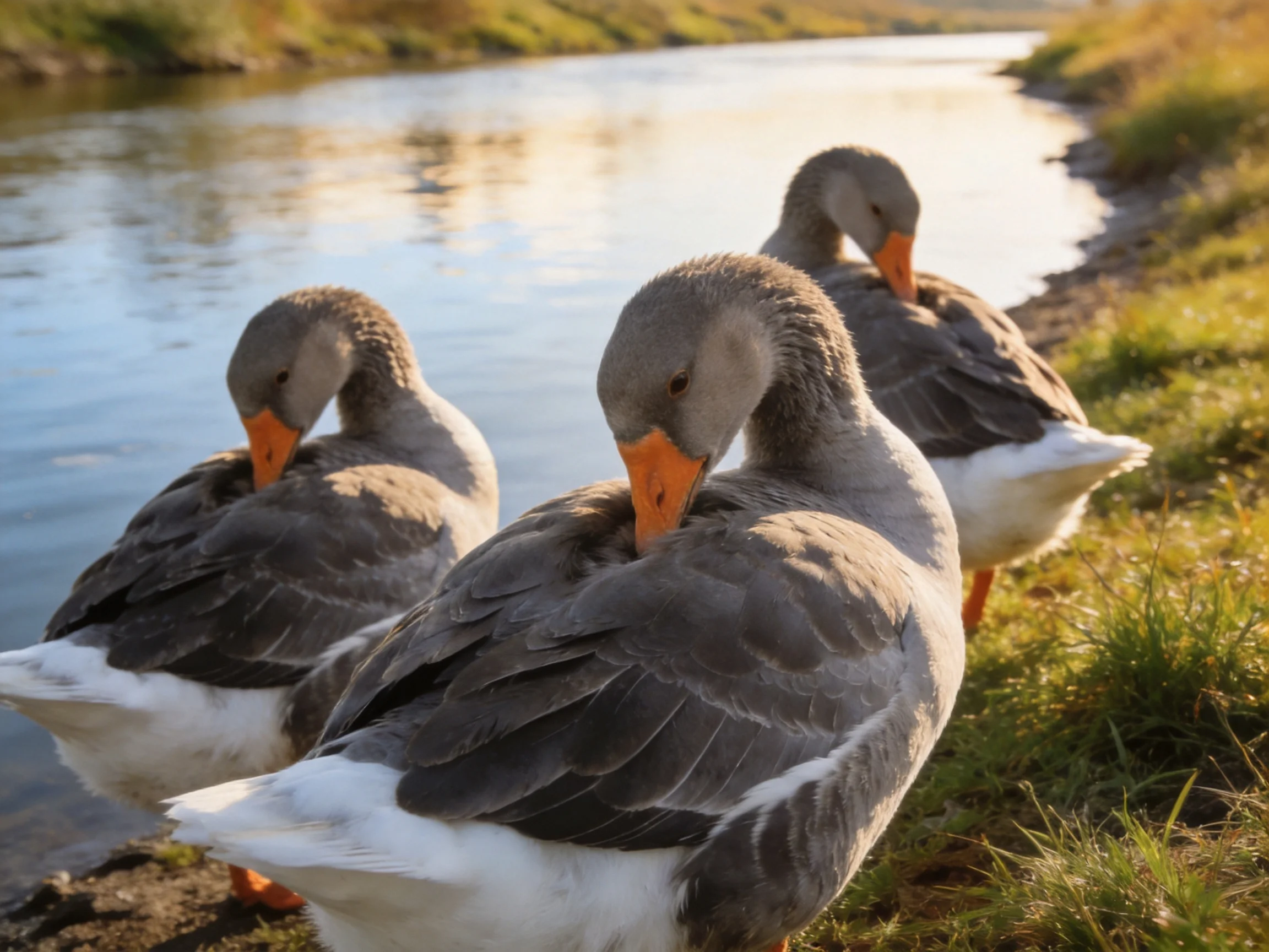 Three gray-and-white geese with orange beaks preening by a calm riverbank