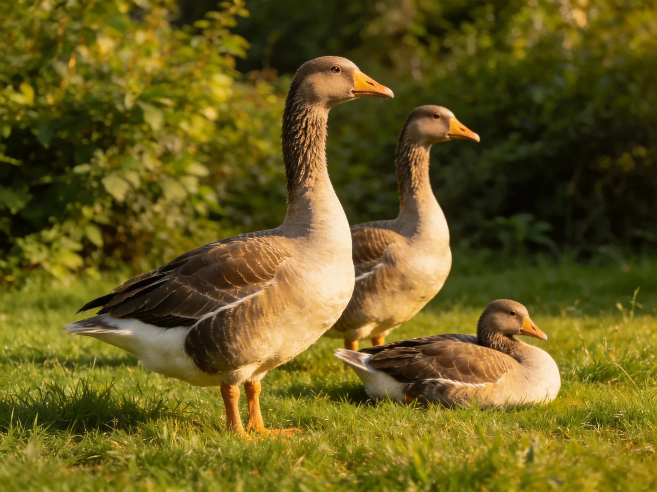 Three gray-brown geese on lush green grass near leafy bushes
