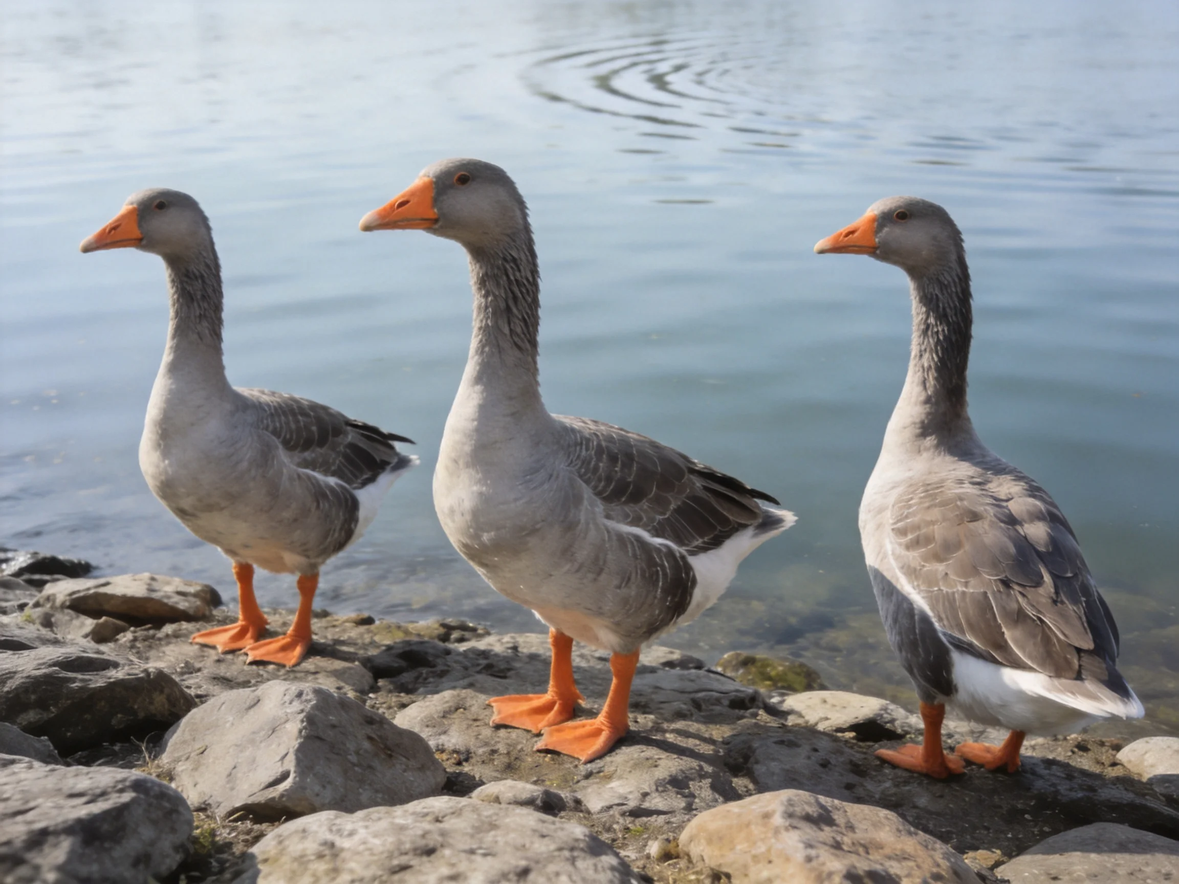 Three gray geese stand on rocky shore by calm blue water