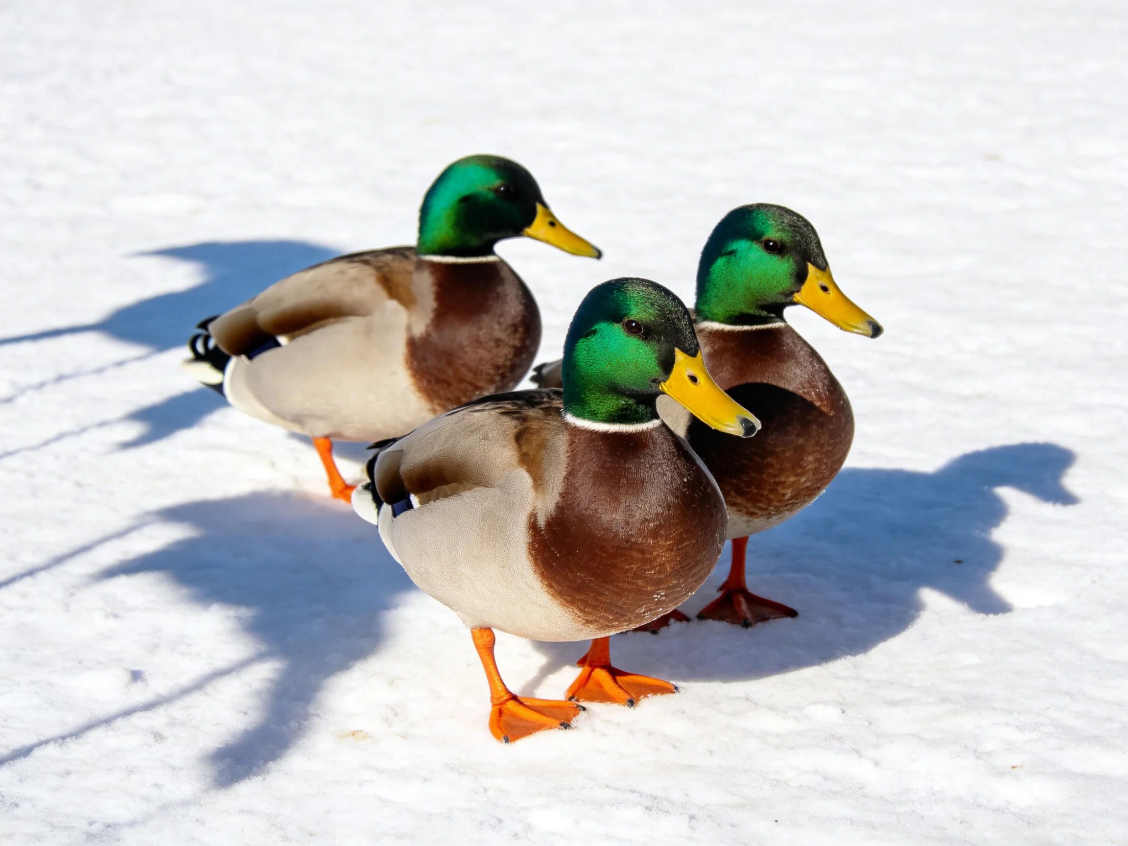 Three mallard ducks standing on bright white snow