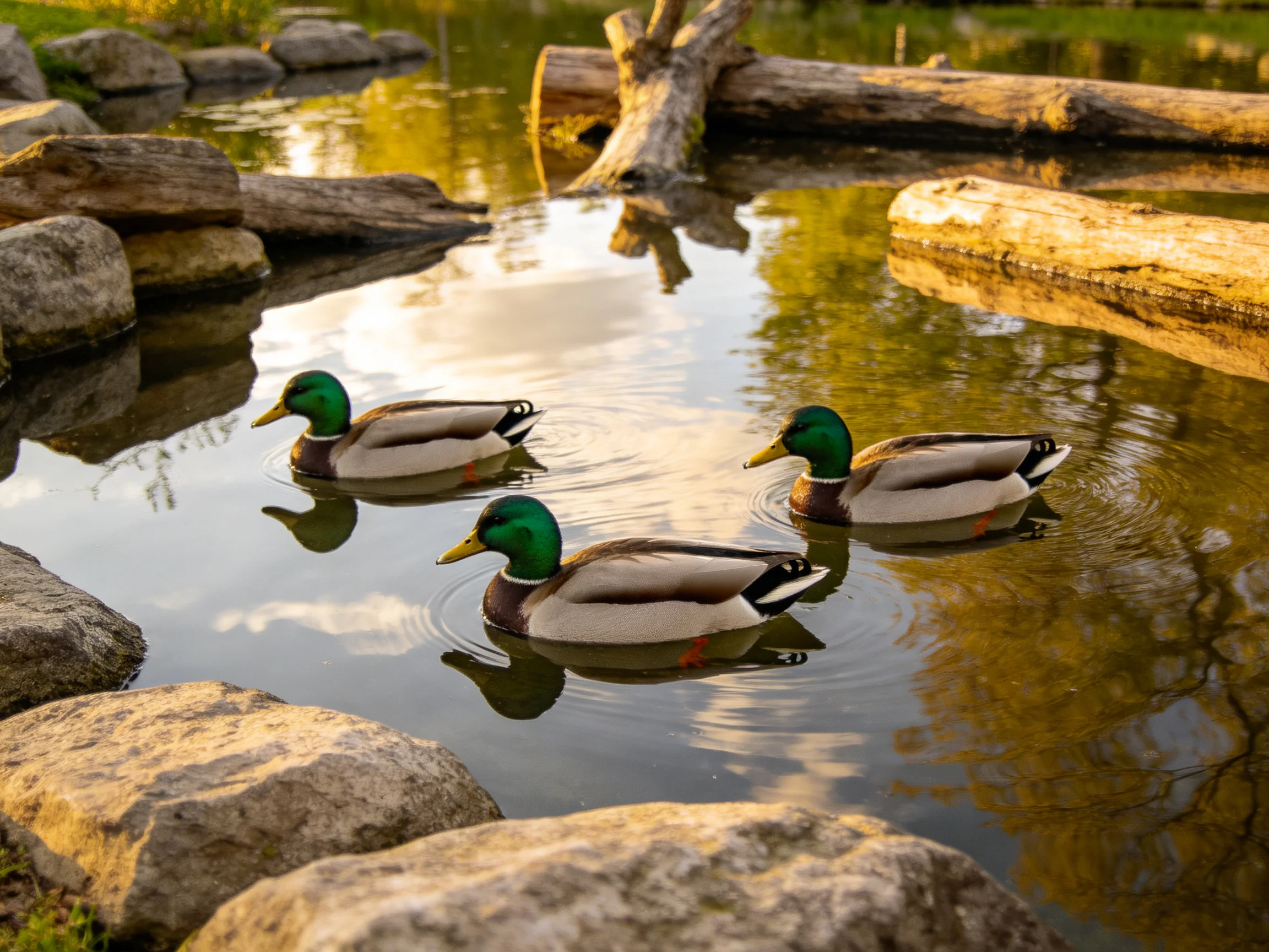 Three mallard ducks swim in a rocky pond with fallen logs