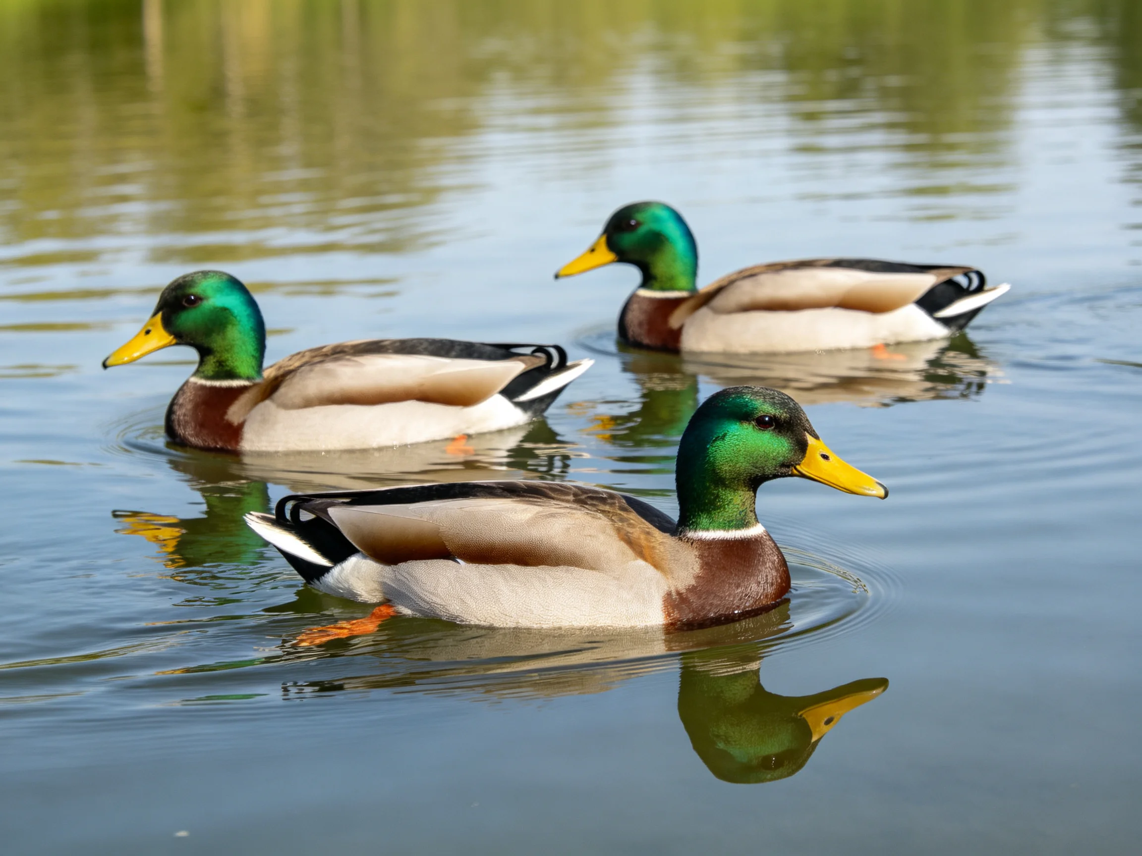 Three mallard ducks swim in calm water with green heads and yellow beaks