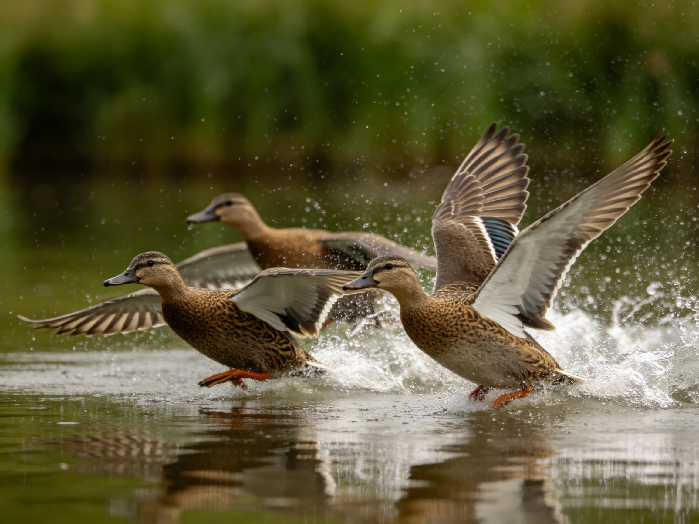 Three mallard ducks taking flight from splashing water