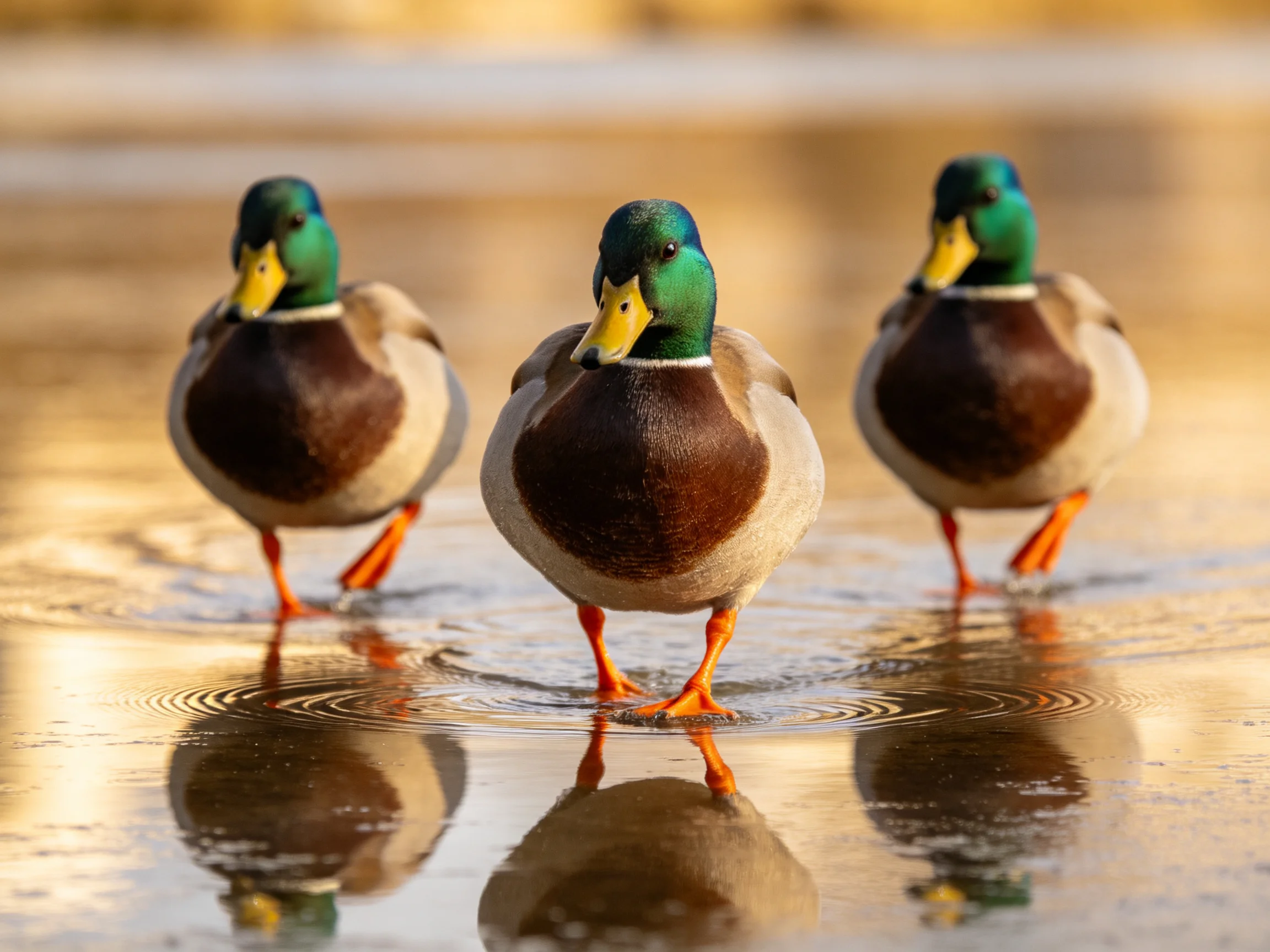 Three mallard ducks wade through shallow water with golden reflections