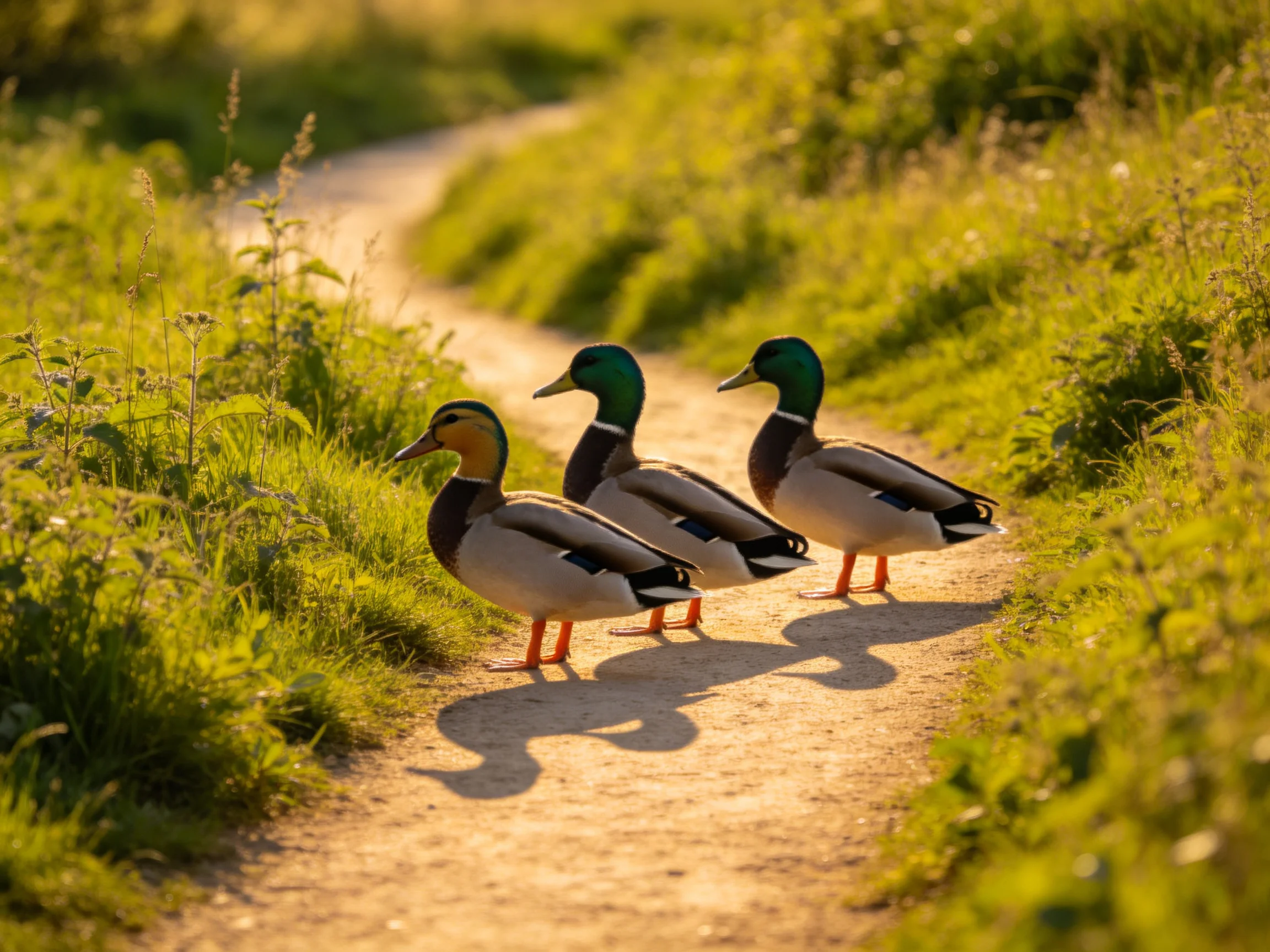 Three mallard ducks walk along a sunlit dirt path near lush greenery
