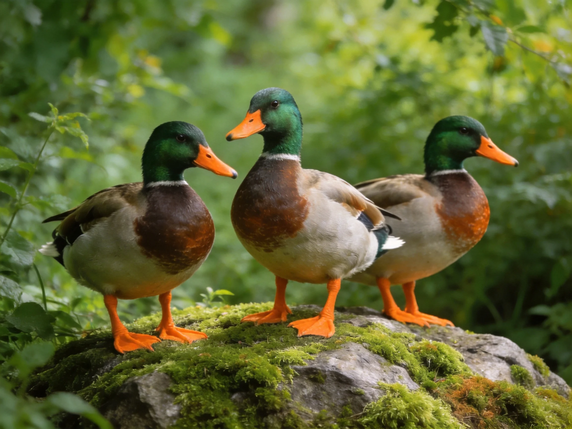 Three mallard ducks with green heads and orange beaks on a mossy rock