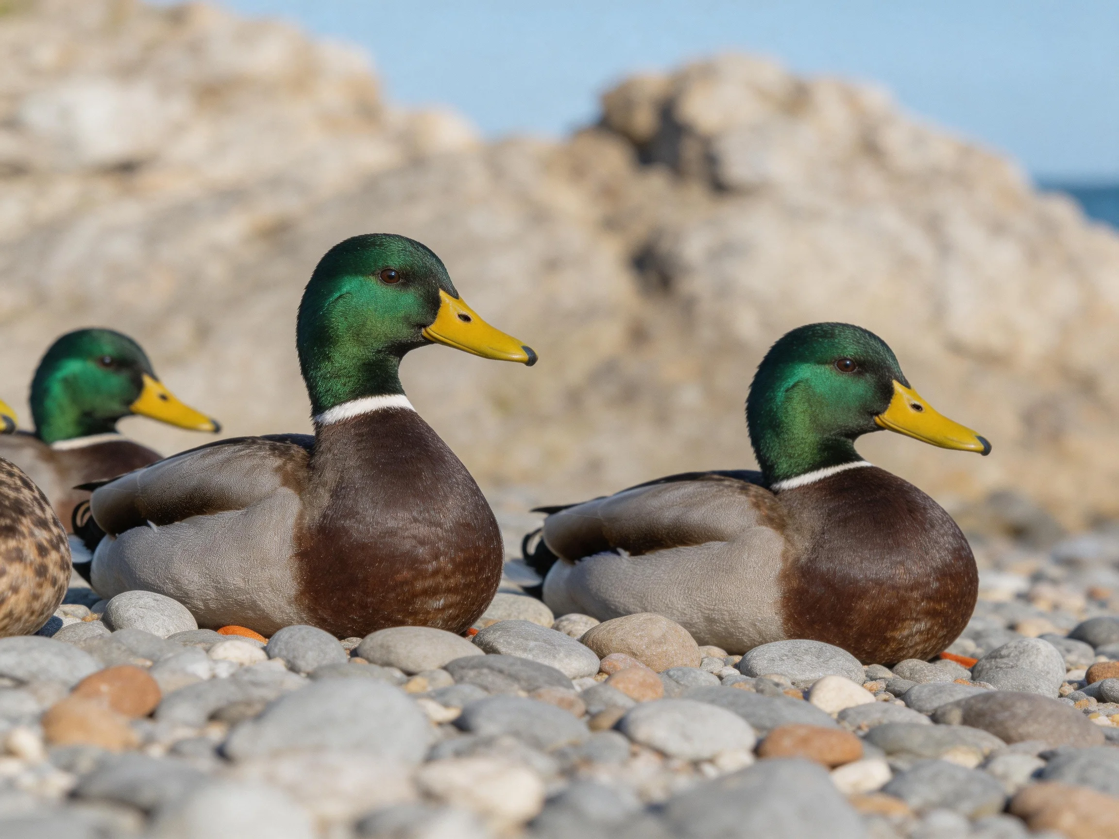 Three mallard ducks with green heads and yellow beaks rest on a rocky pebble beach