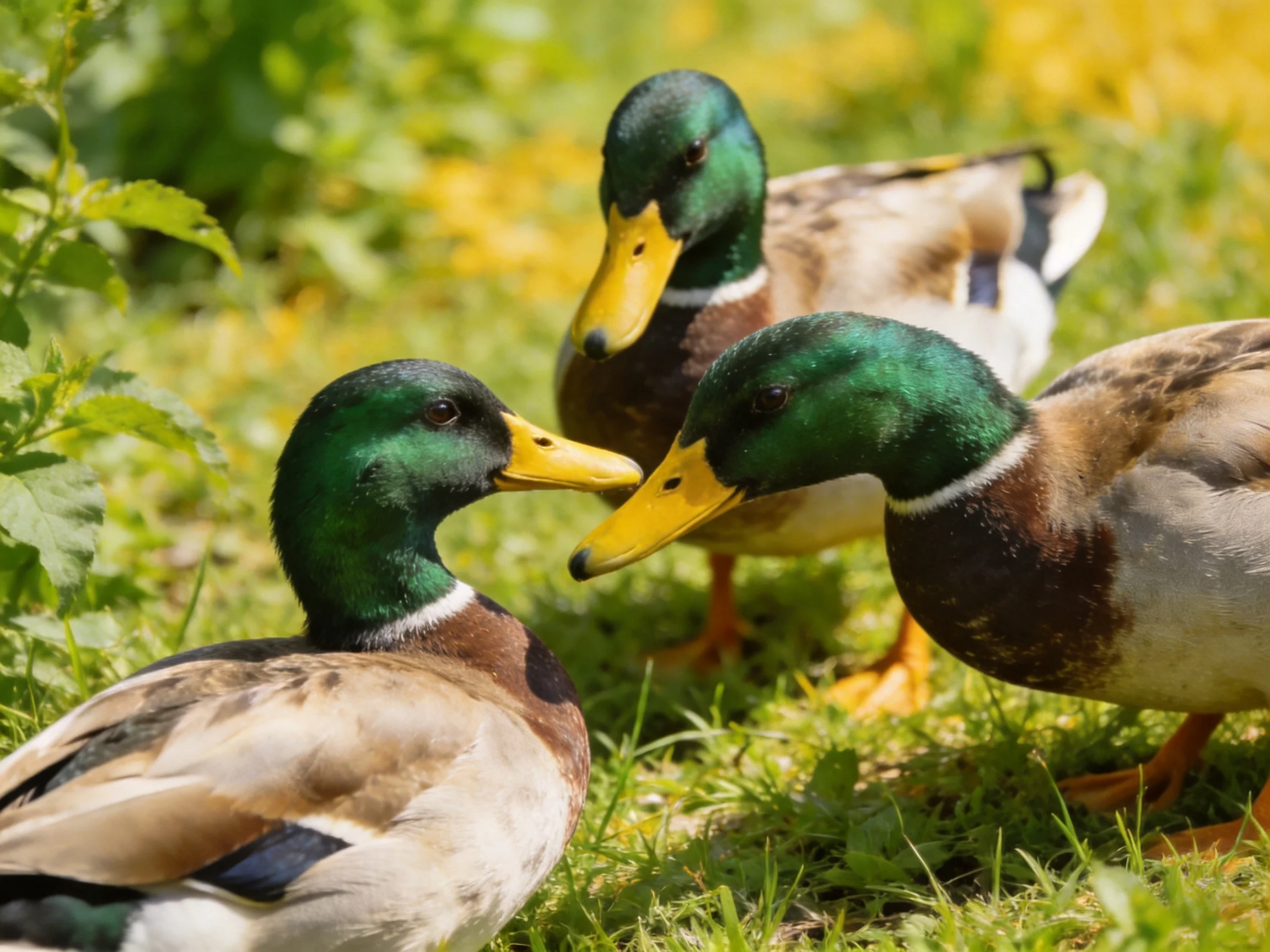 Three mallard ducks with green heads gather in a grassy area
