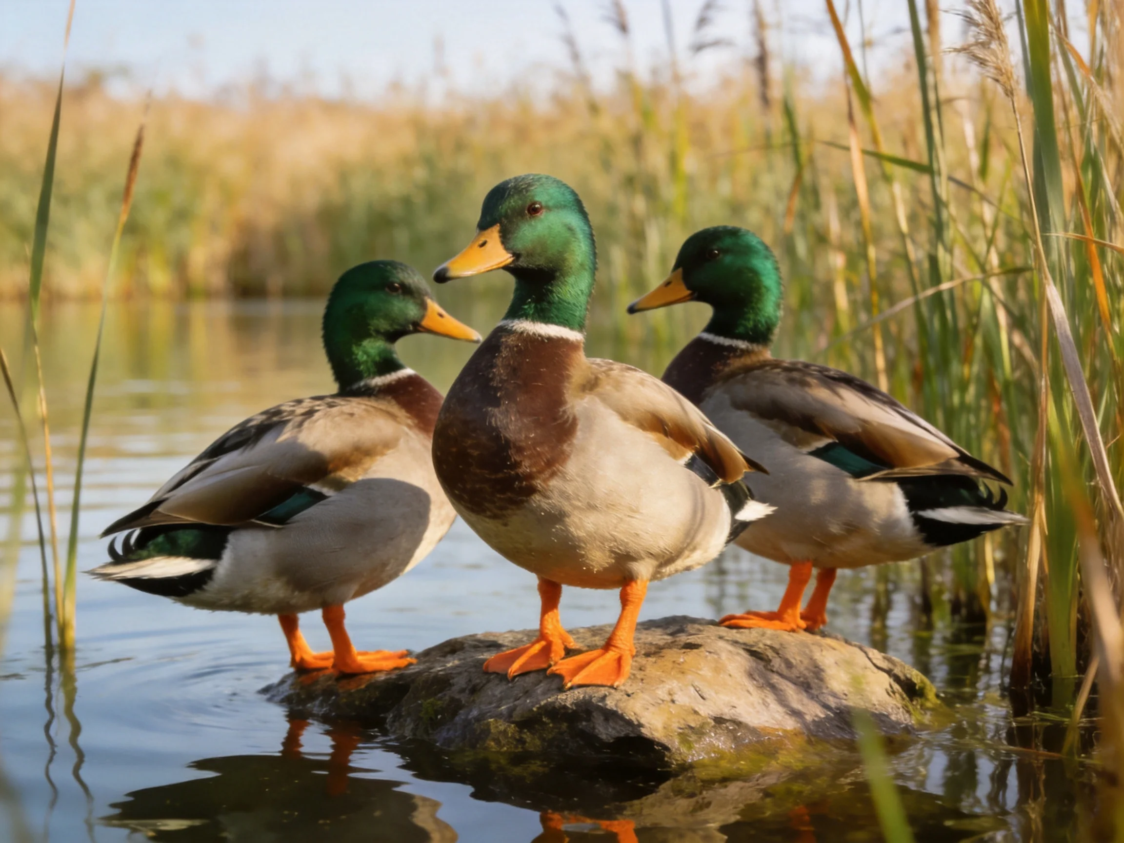 Three mallard ducks with green heads stand on a rock by calm water among tall reeds