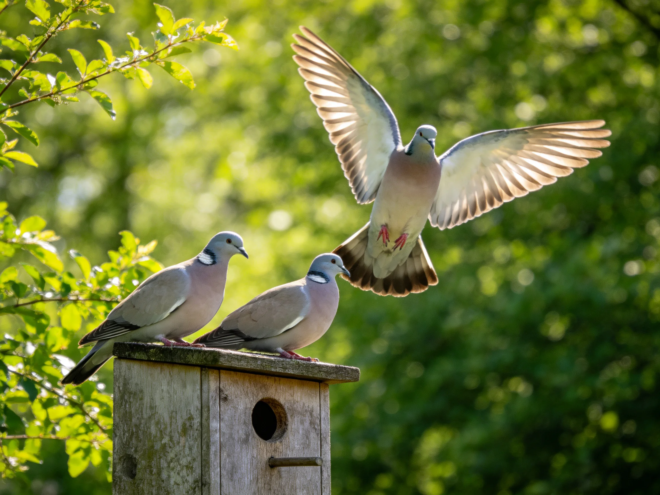 Three pigeons near a weathered wooden birdhouse in green foliage