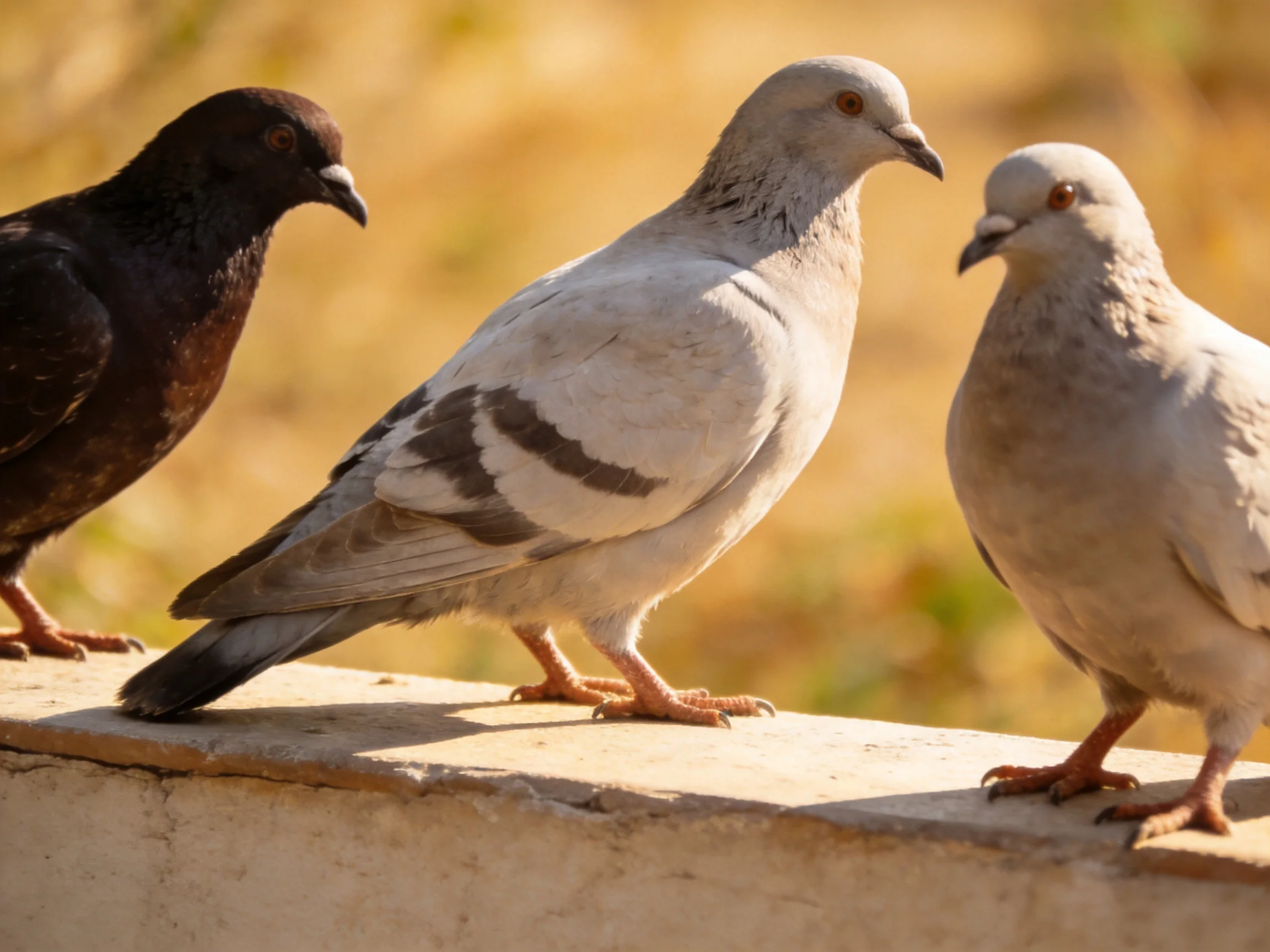 Three pigeons with distinct plumage stand on a concrete ledge