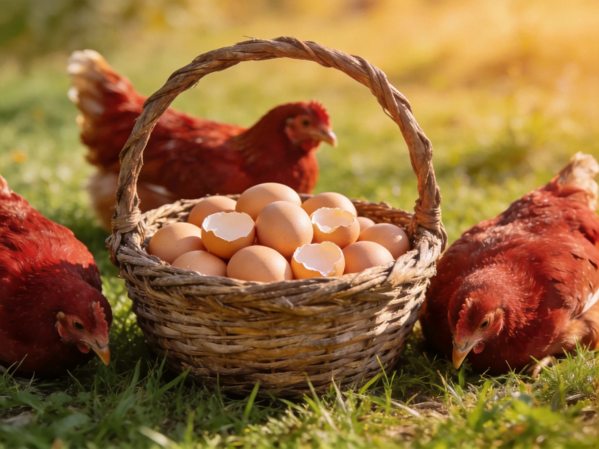 Three red chickens near a wicker basket of brown eggs on green grass