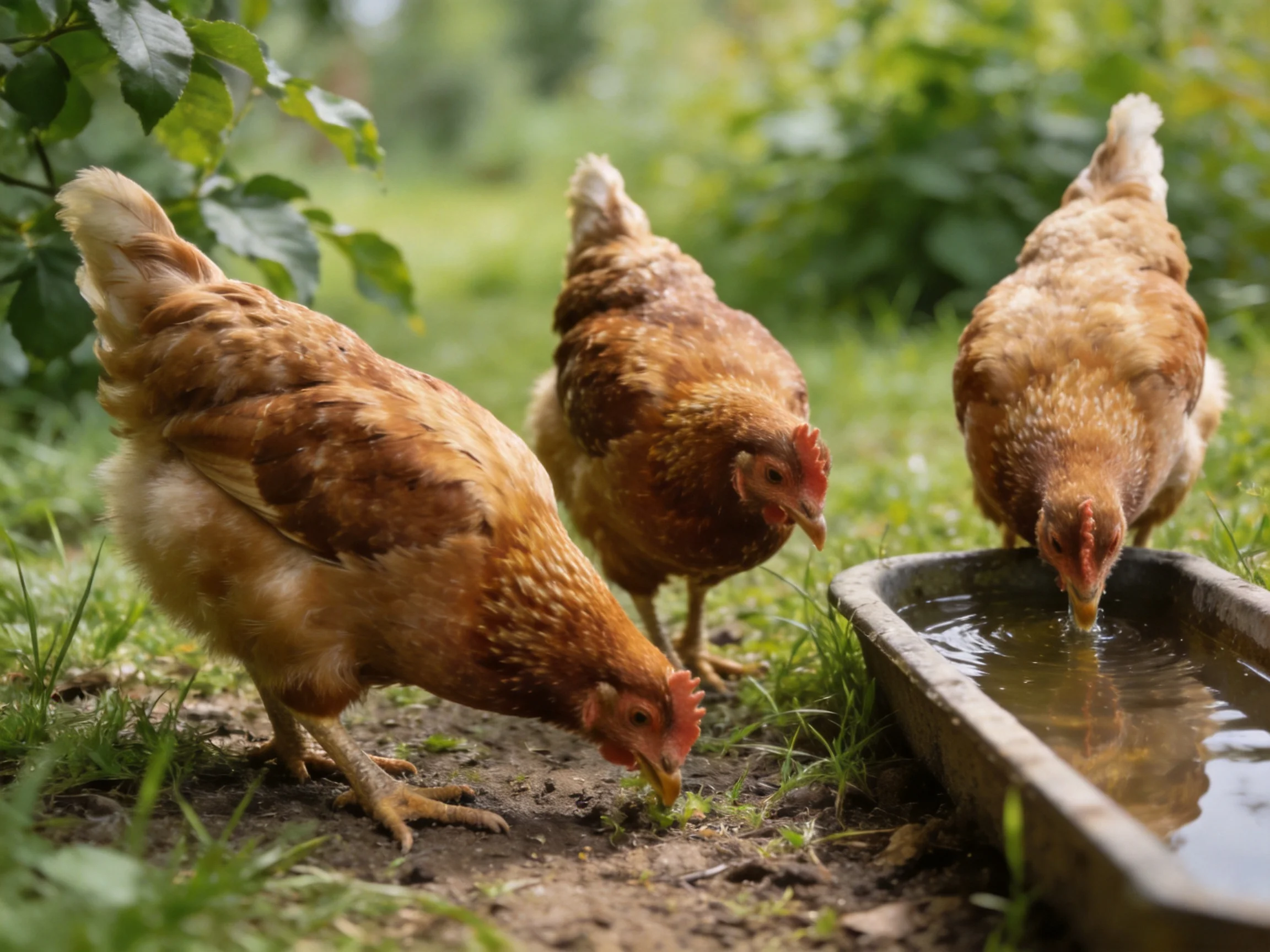 Three reddish-brown chickens forage and drink near a rectangular water trough in a green landscape