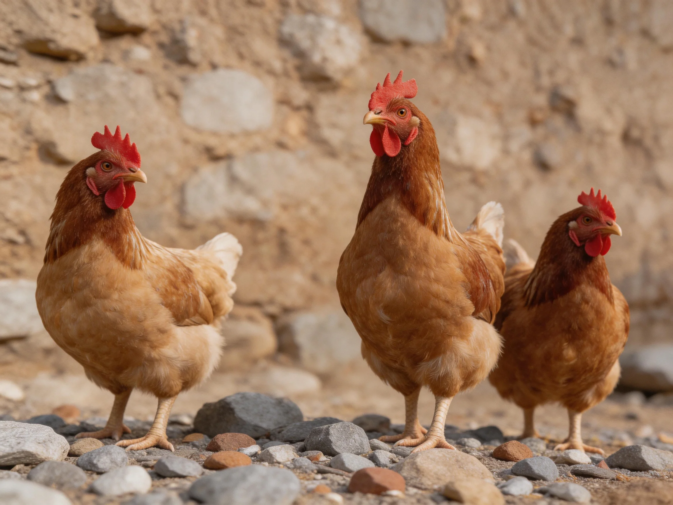 Three reddish-brown chickens on pebbles by a stone wall