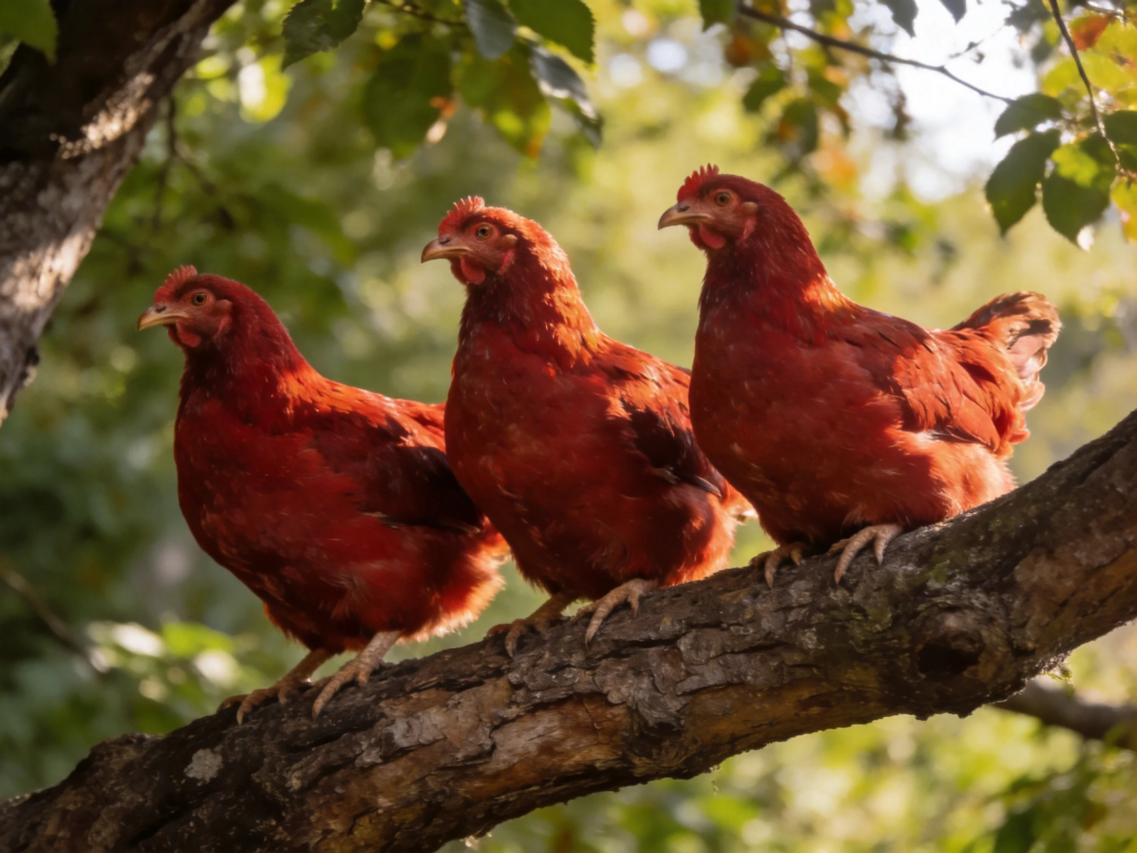 Three reddish-brown chickens sit atop a gnarled tree branch