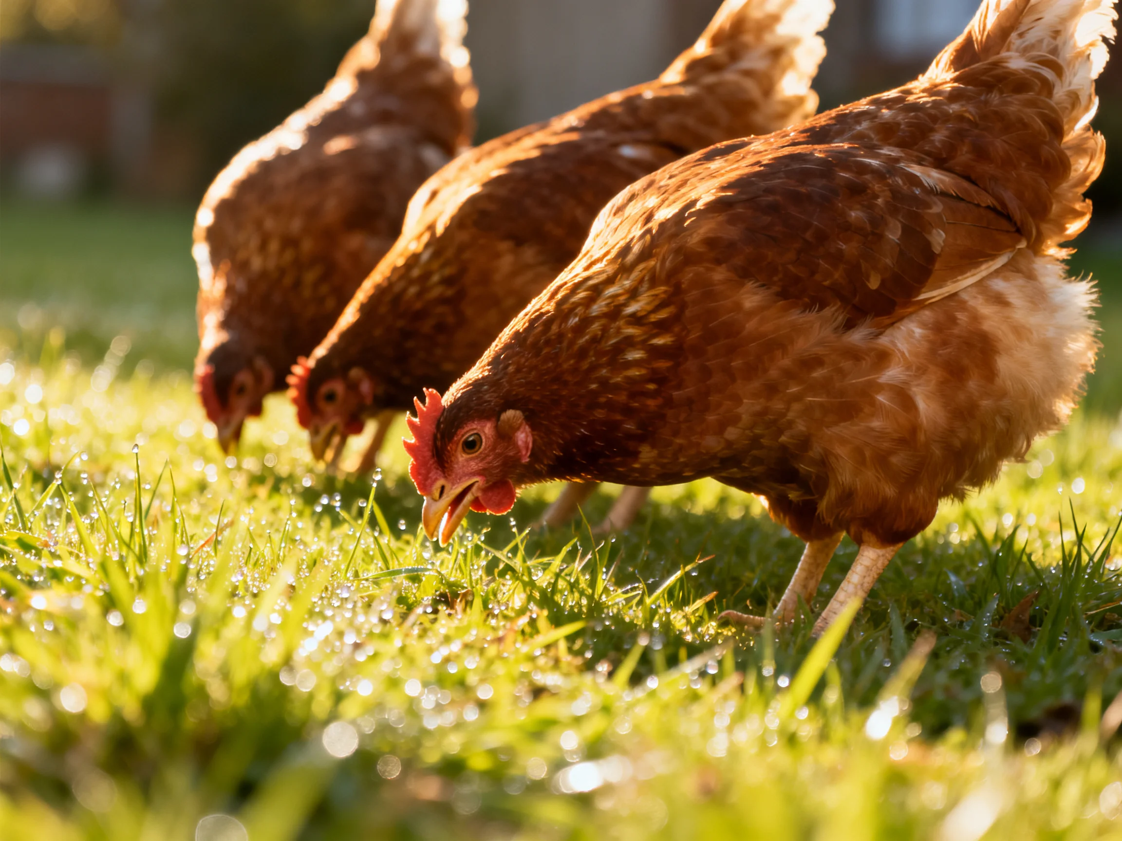 Three reddish-brown hens foraging in dewy green grass