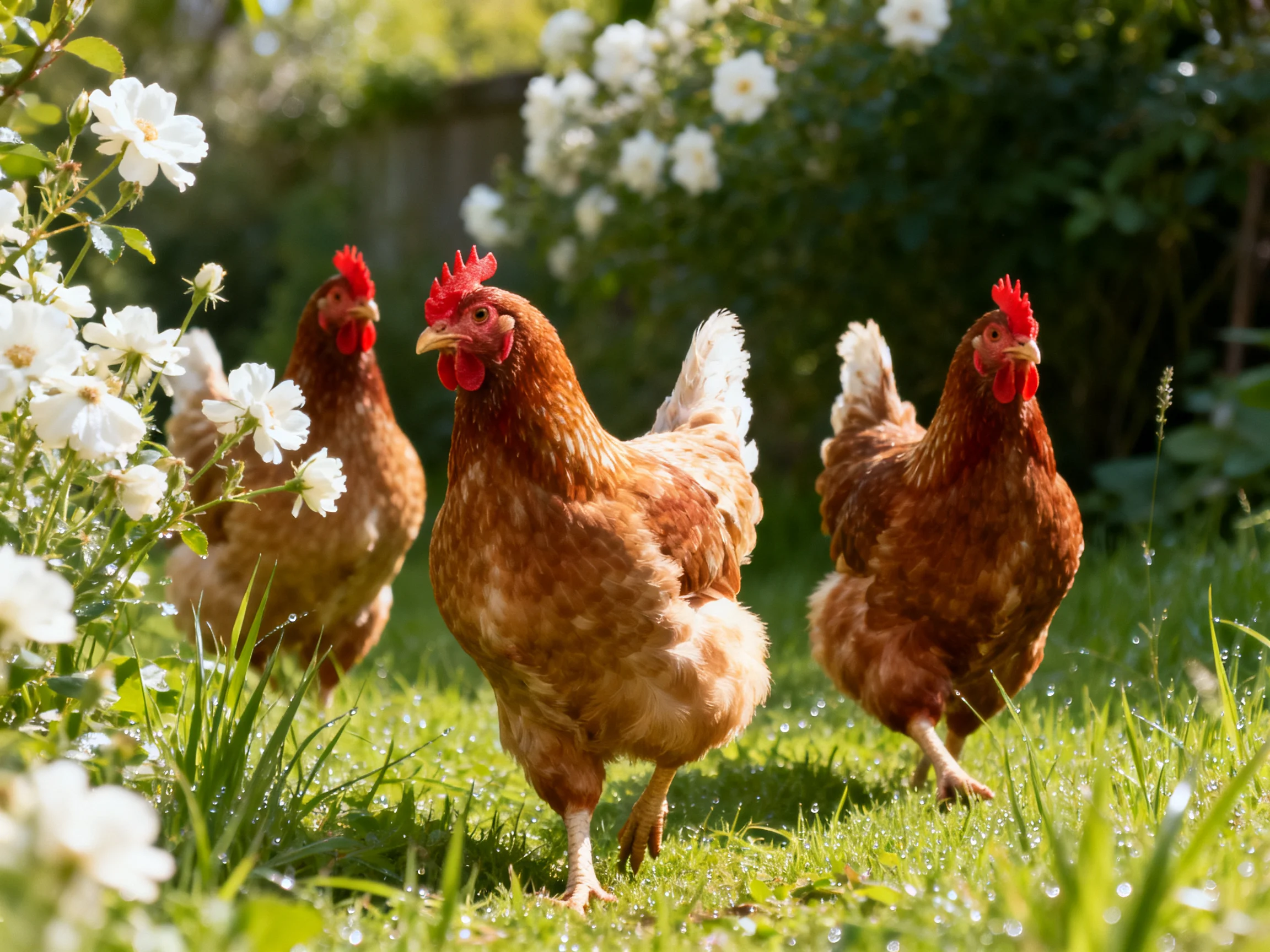 Three reddish-brown hens foraging near white blooms in a lush garden