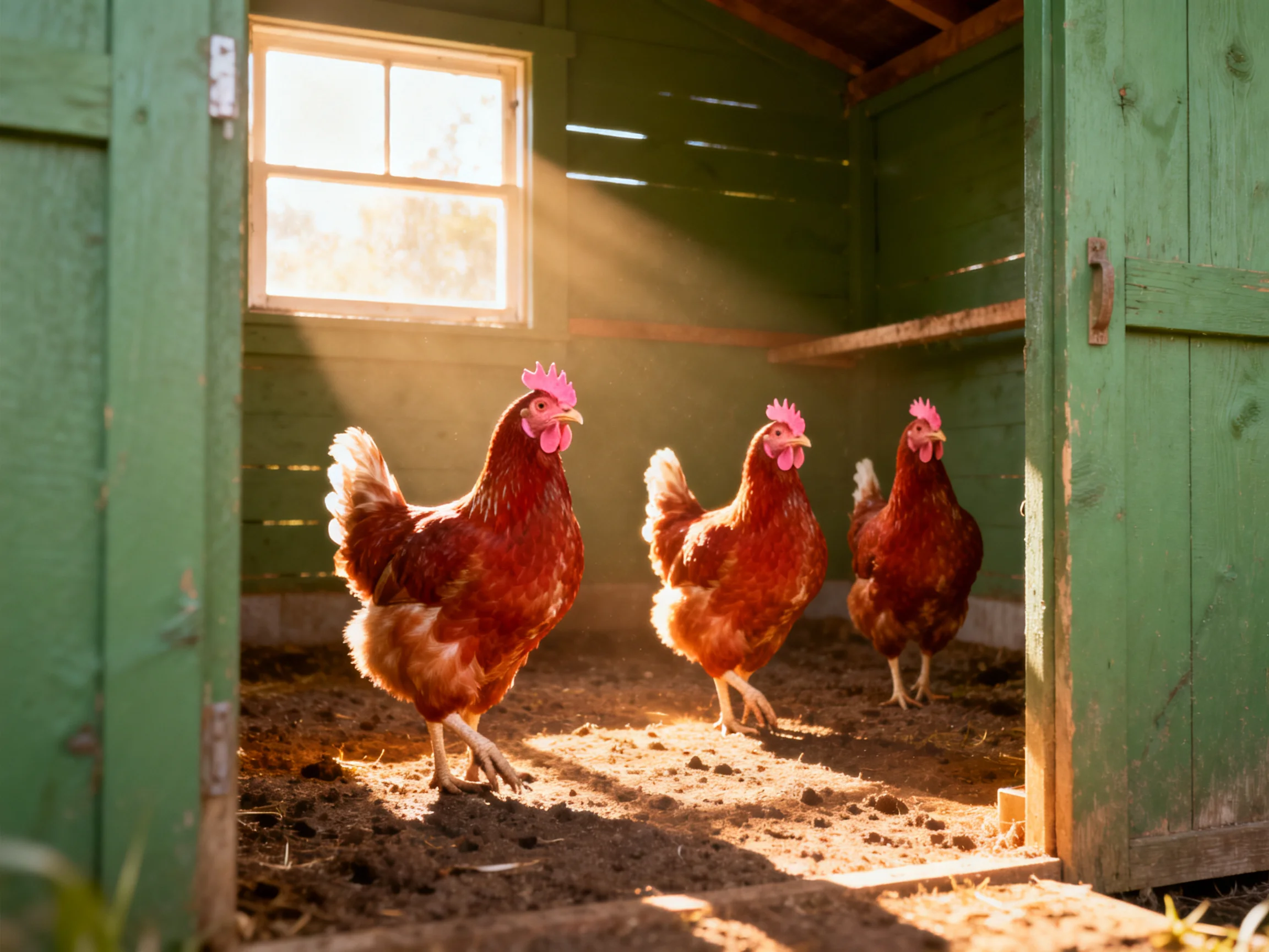 Three reddish-brown hens in a sunlit green wooden chicken coop