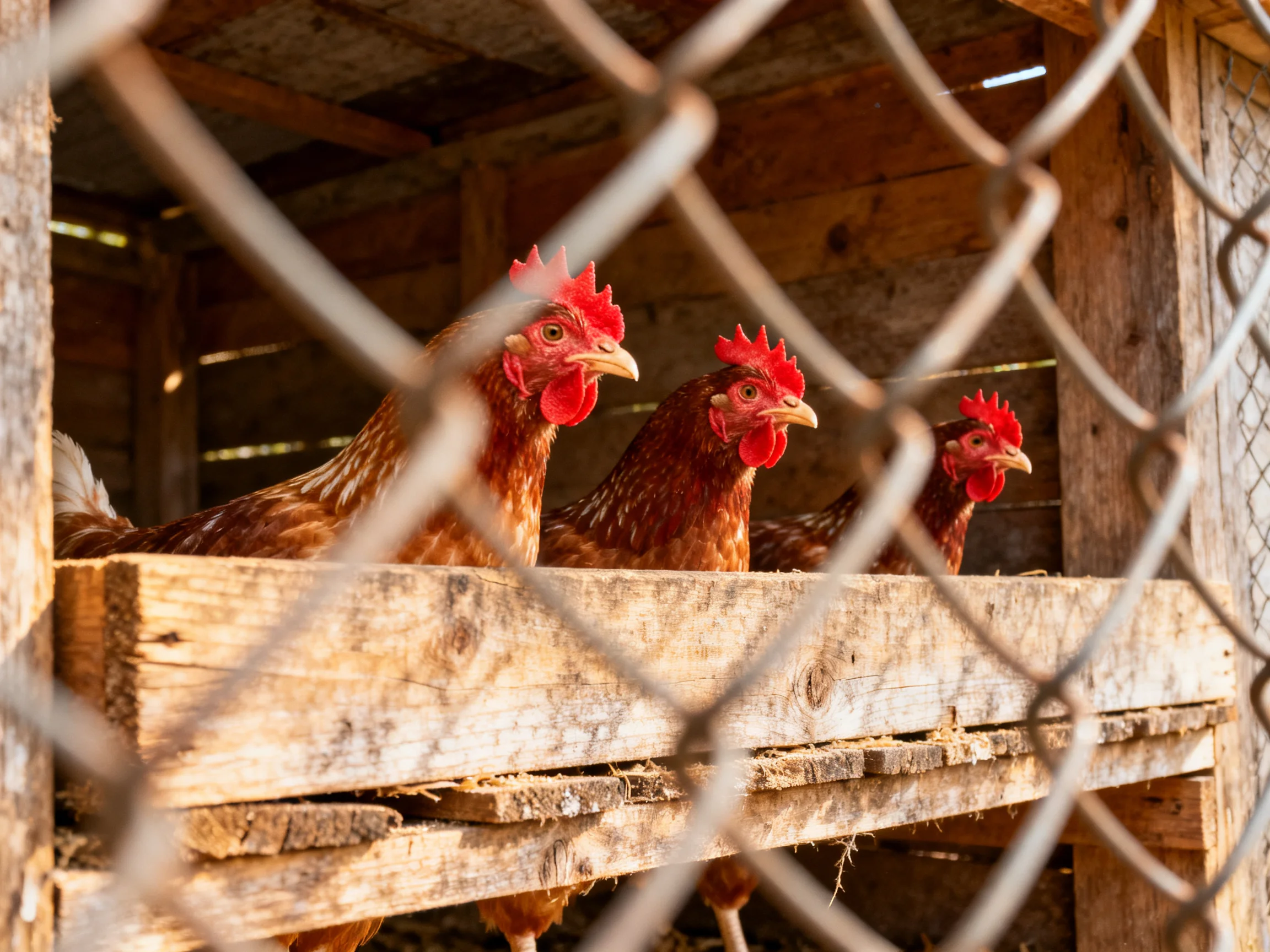 Three reddish-brown hens in a weathered wooden coop behind chain-link fencing