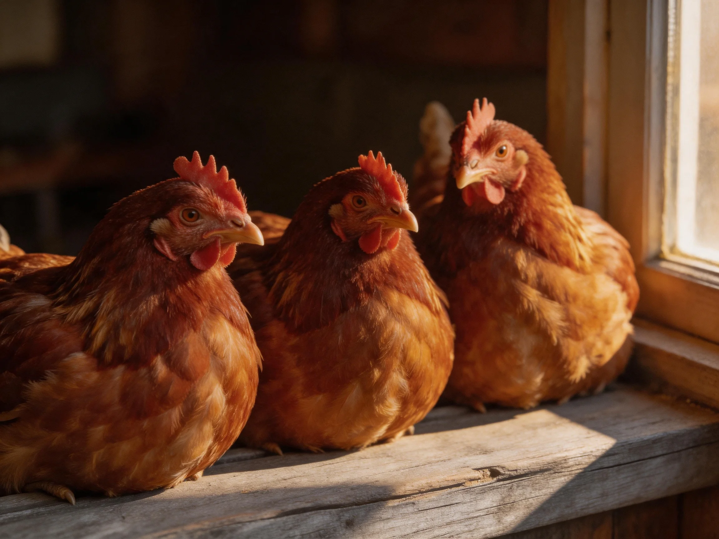 Three reddish-brown hens rest by a wooden window ledge