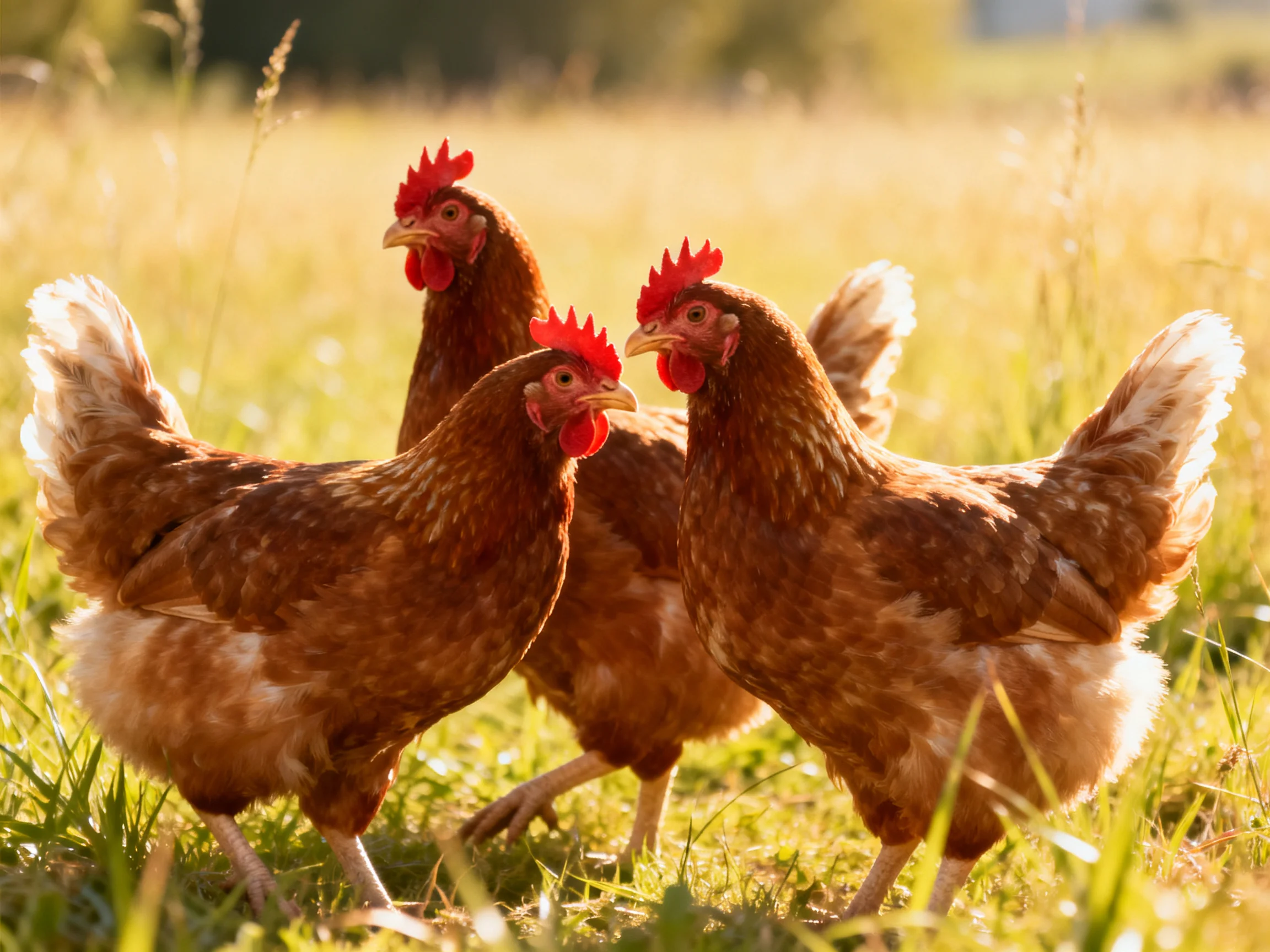 Three reddish - brown hens with bright red combs forage in golden grass.
