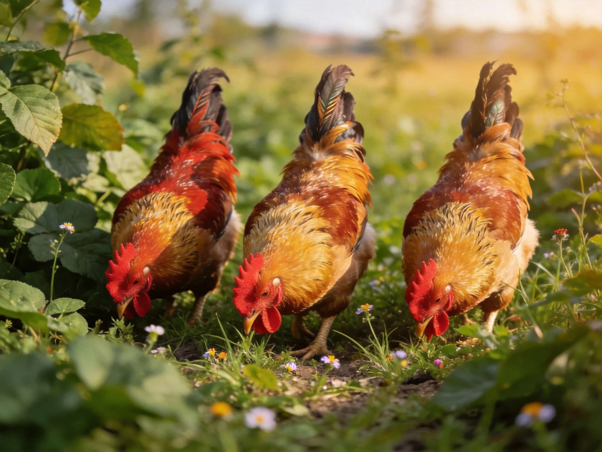 Three roosters with colorful plumage foraging in a sunlit meadow