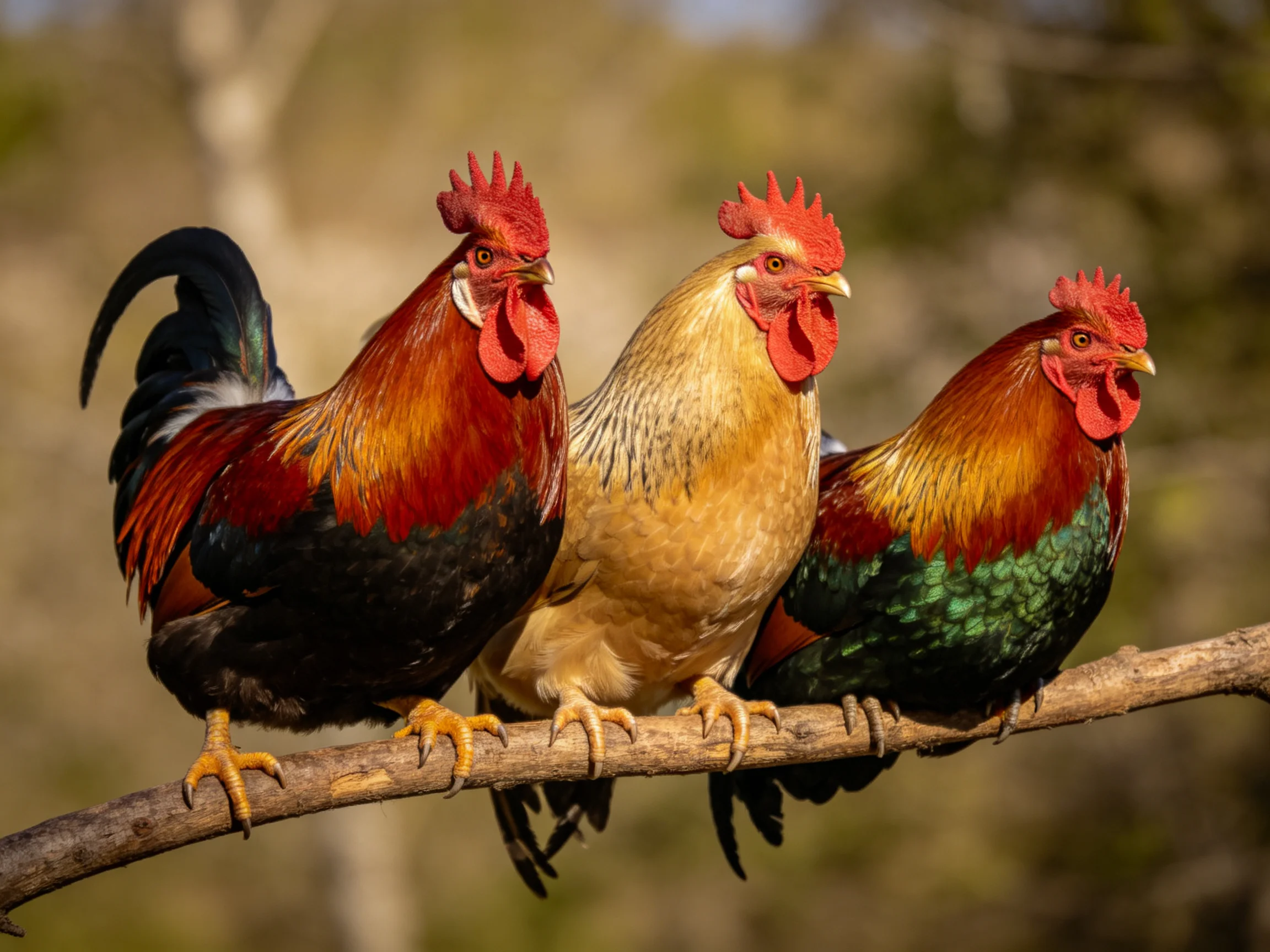 Three roosters with varied plumage perch on a tree branch