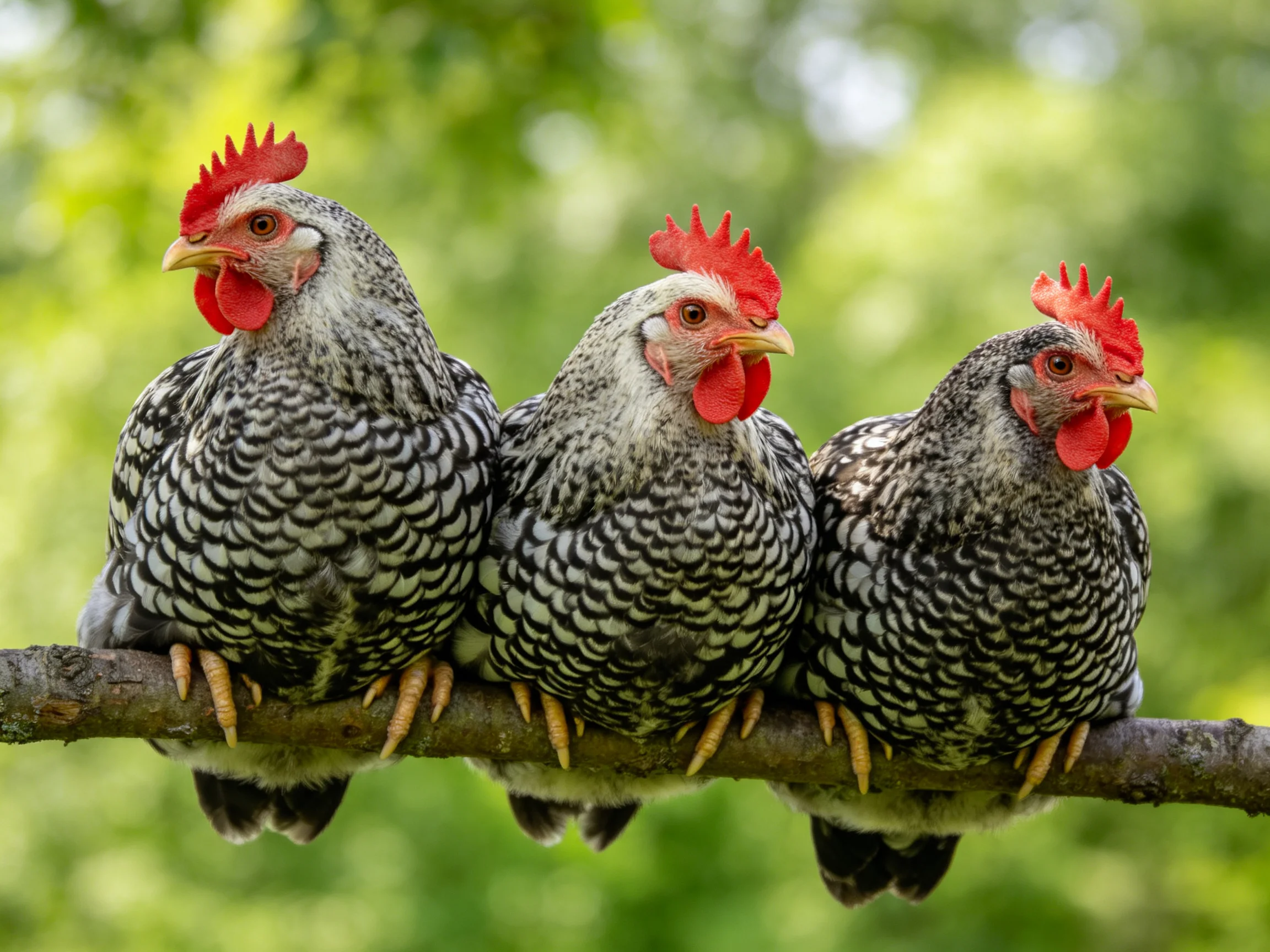 Three speckled hens with red combs perch on a tree branch