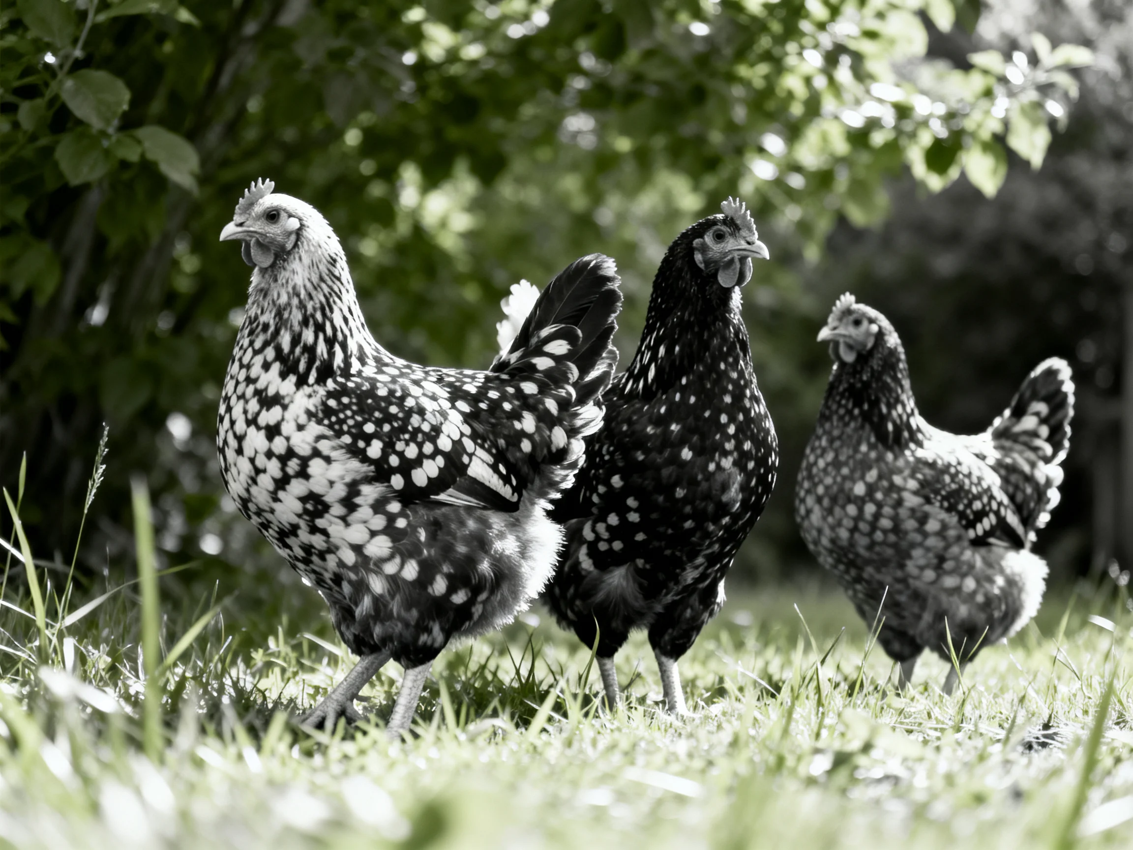 Three spotted chickens foraging in a sunlit grassy area