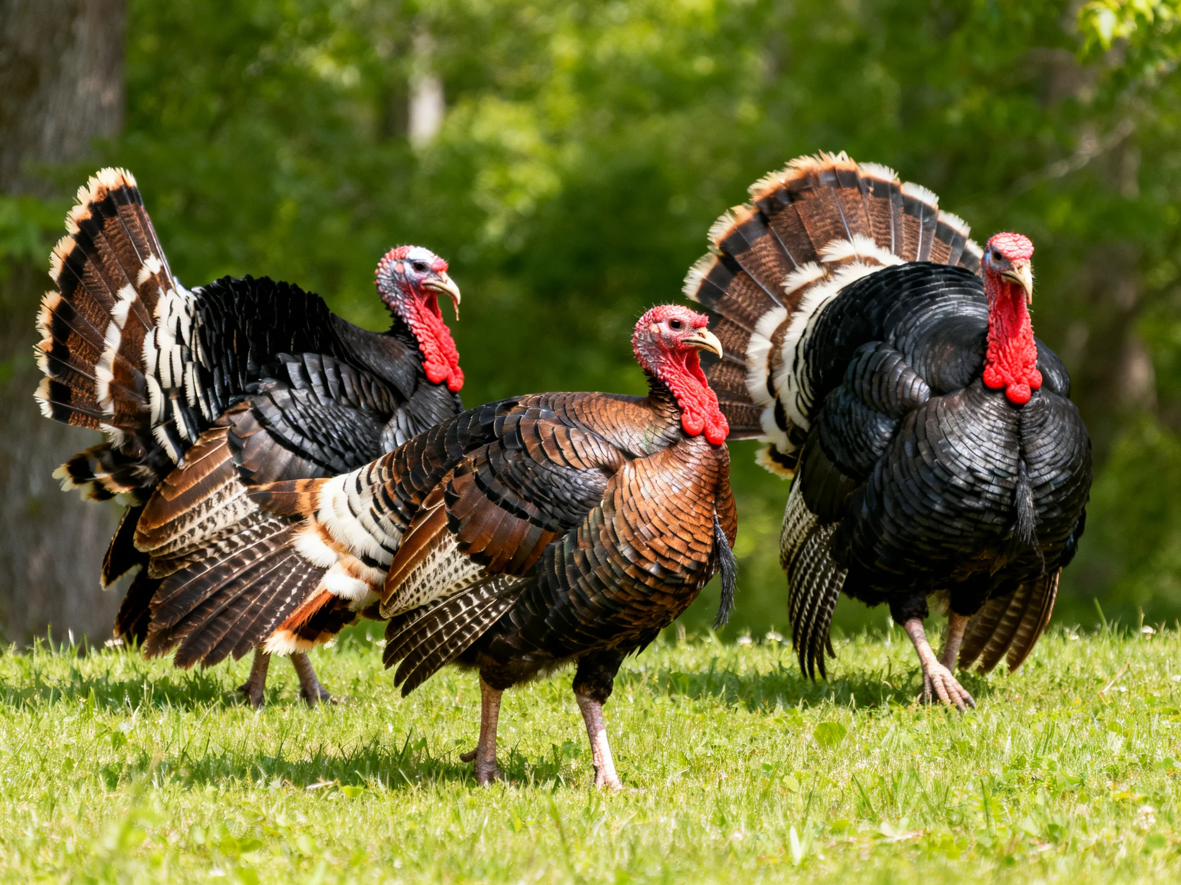 Three turkeys display vibrant plumage in a sunlit grassy area