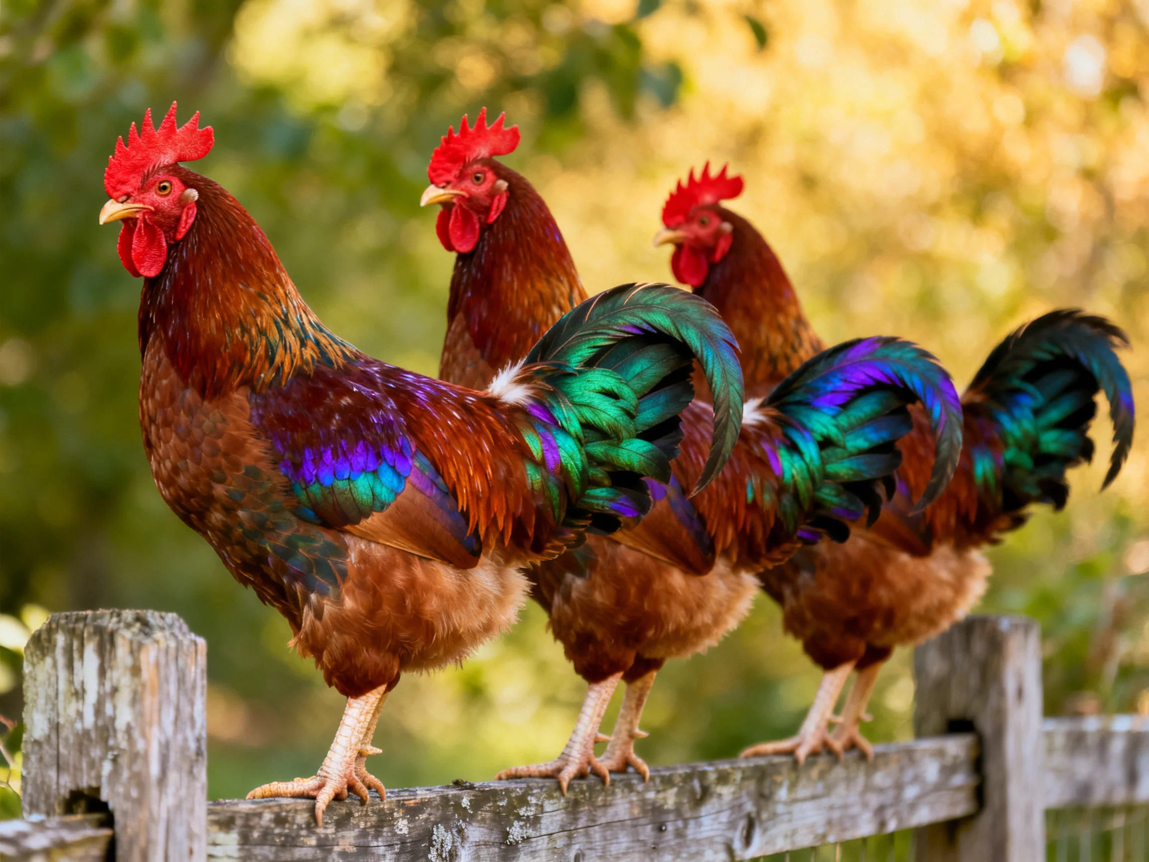 Three vibrant roosters with iridescent tails perch on a wooden fence