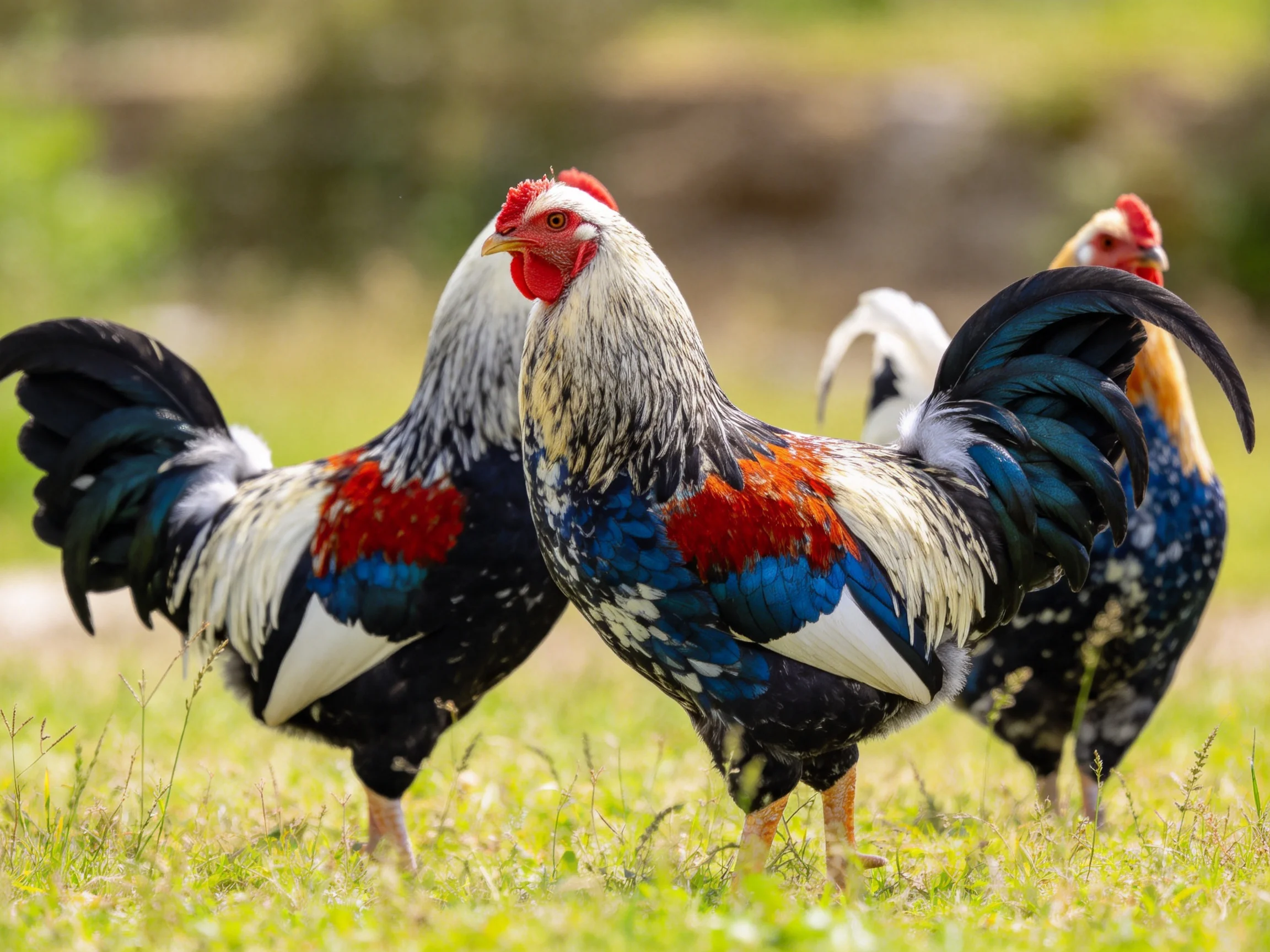 Three vibrantly colored roosters in a sunlit grassy field