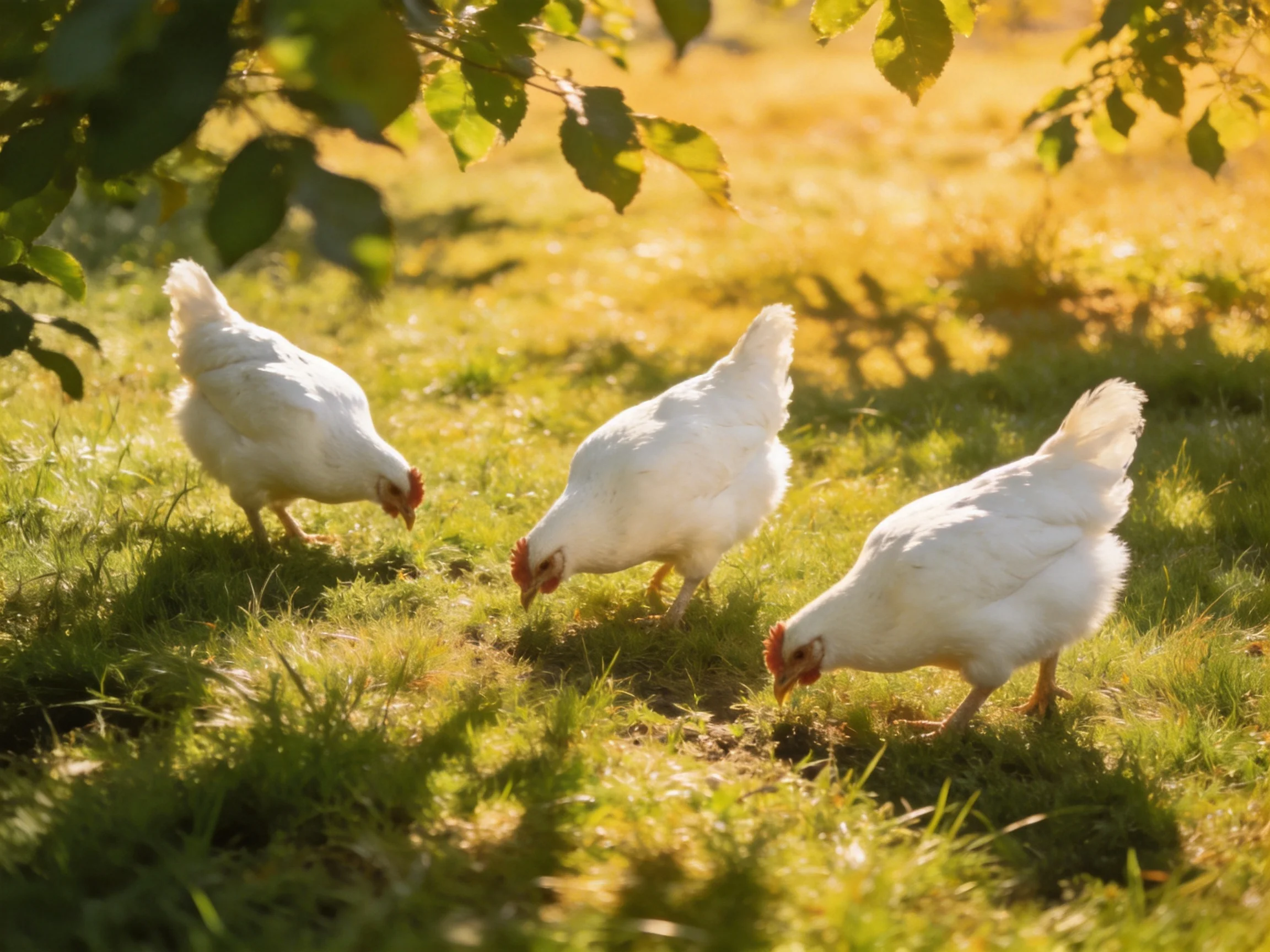 Three white chickens foraging in a sunlit grassy field